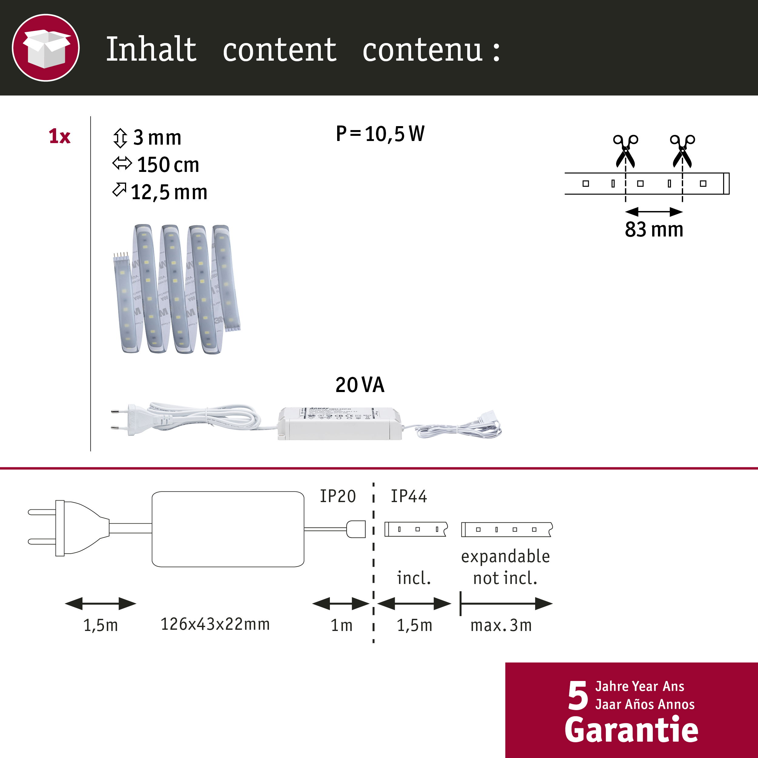 LED-Streifen-Set mit Netzteil: 3mm, 150cm, 12,5mm. P=10,5W, 20VA.