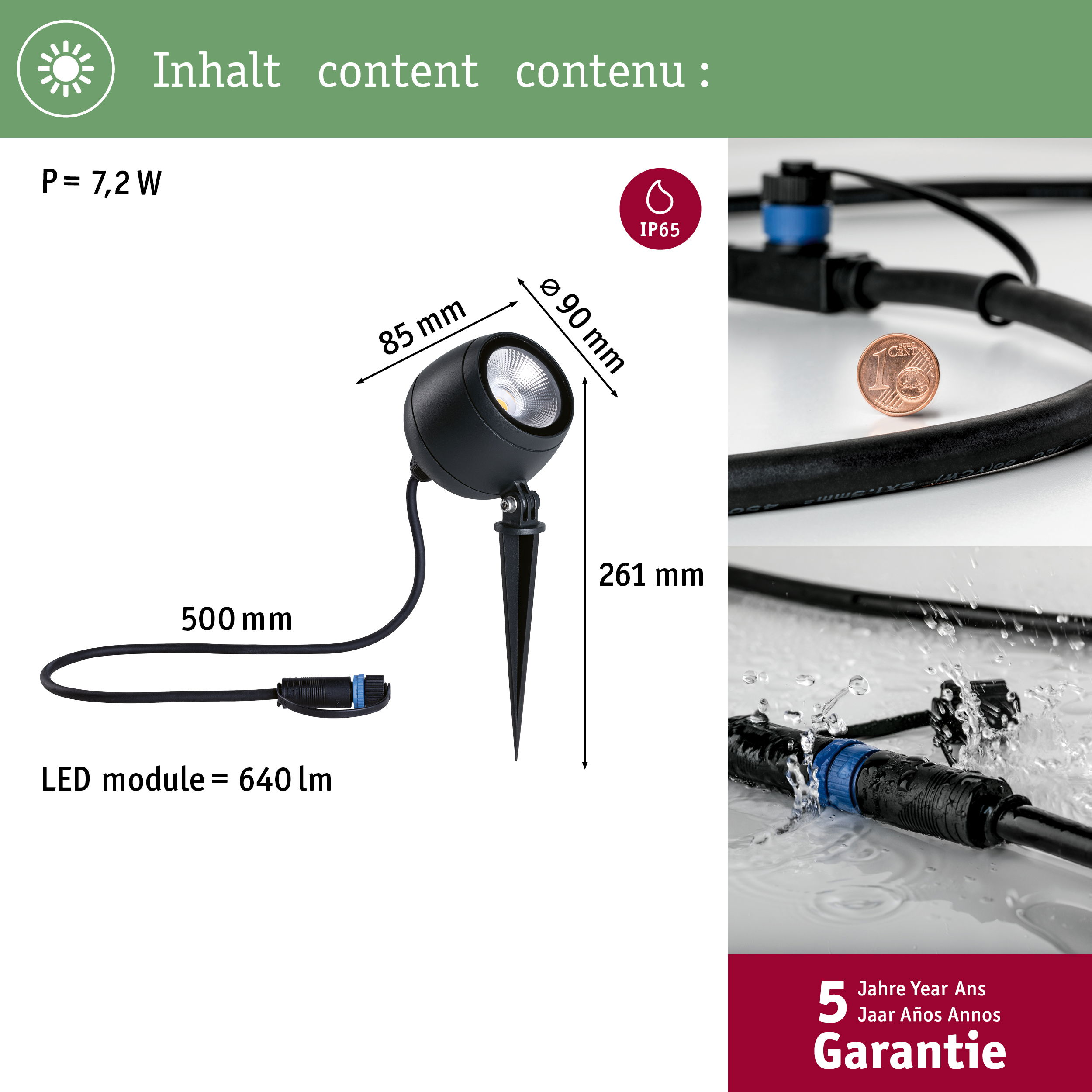Gartenstrahler mit 7,2 W, 640 lm, 500mm Kabel, 261mm Höhe, IP65.