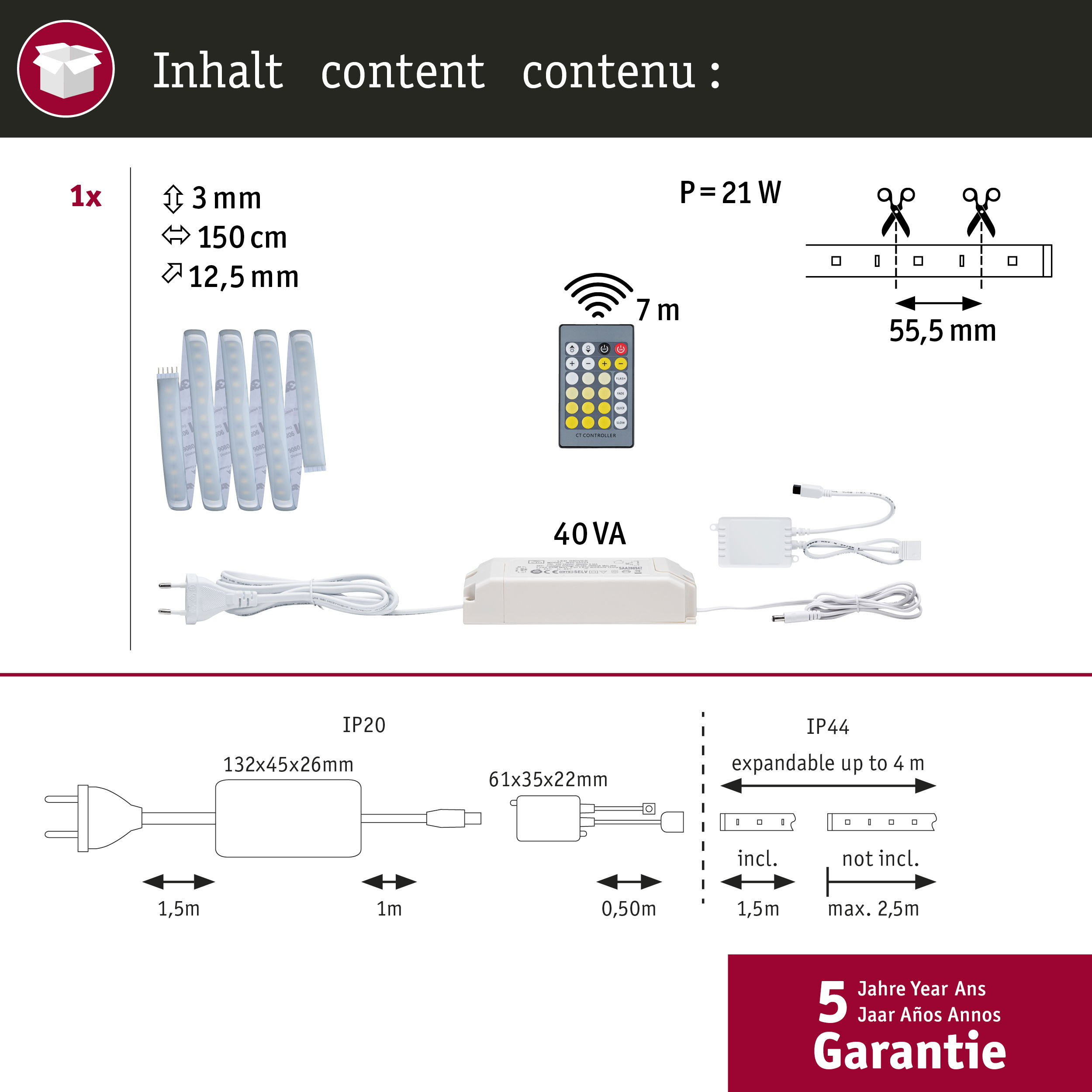 Verpackungsinhalt: LED-Streifen, Fernbedienung, Netzteil, Kabel. Ma ße angegeben.