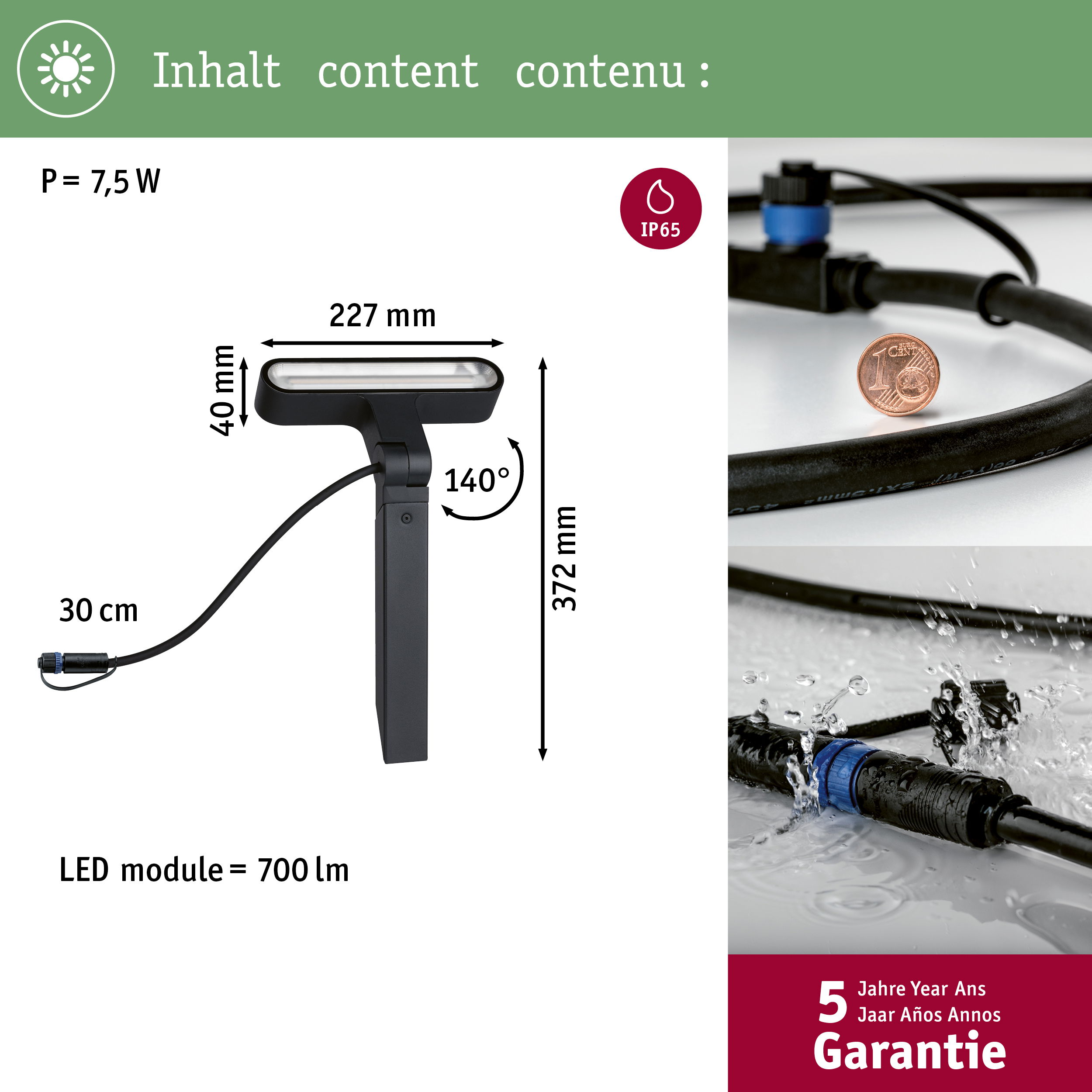 Ein schwarzer LED-Gartenstrahler mit Maßen und IP65-Bewertung. Kabel mit Steckern.
