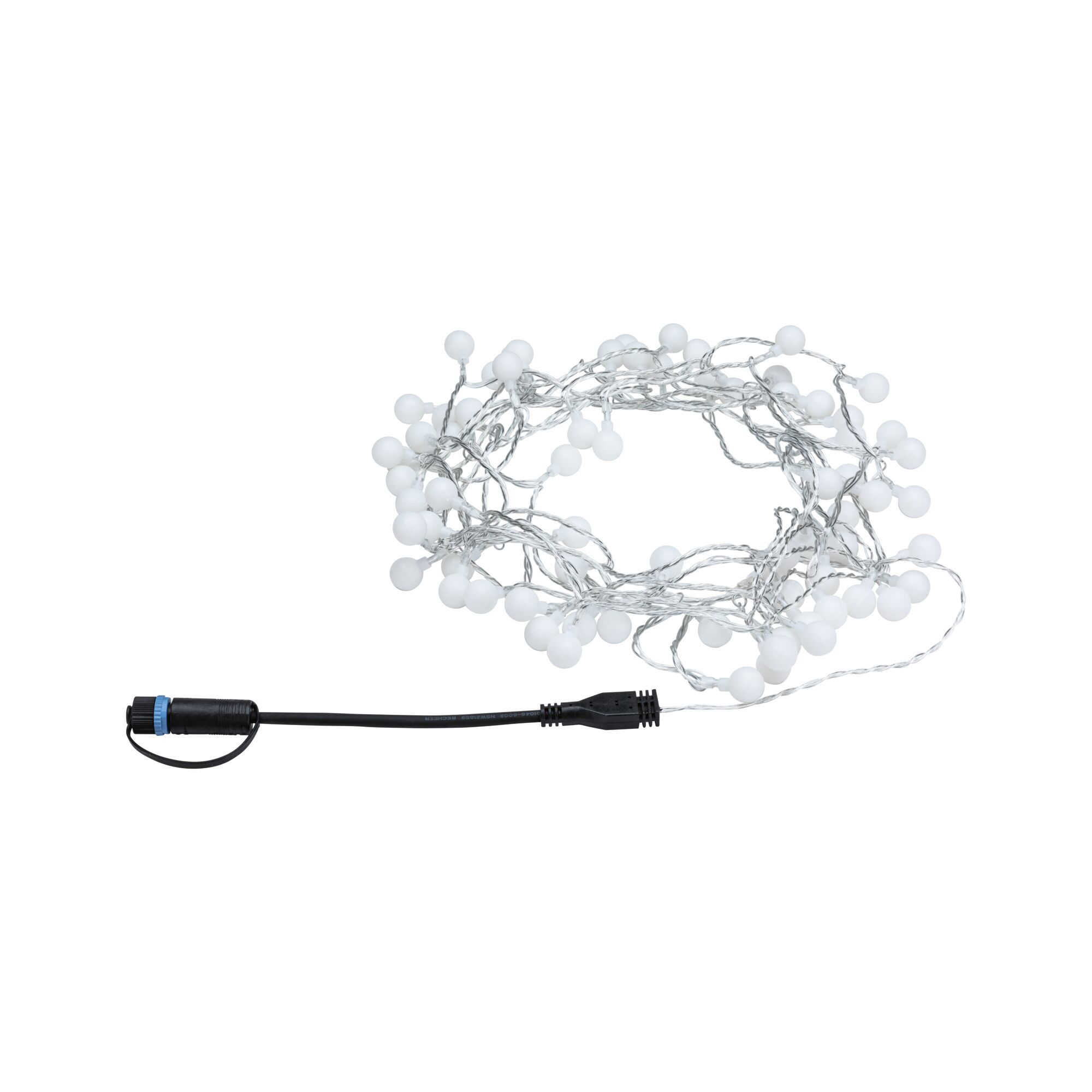 Eine Lichterkette mit vielen kleinen weißen Kugeln und einem schwarzen Kabel.