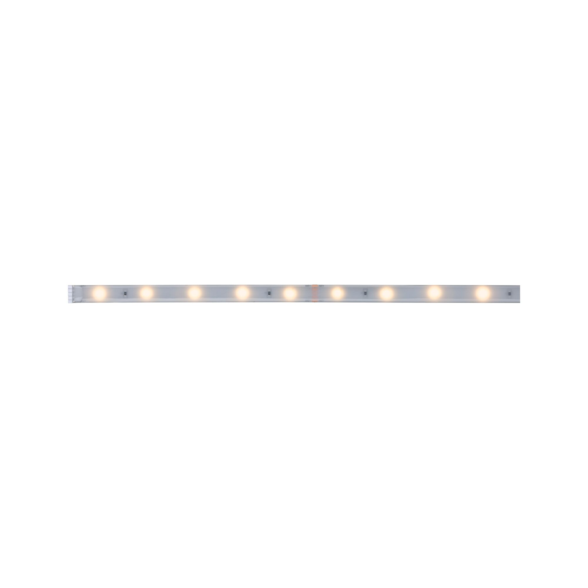 Una striscia sottile con dieci LED bianco caldo su sfondo bianco.