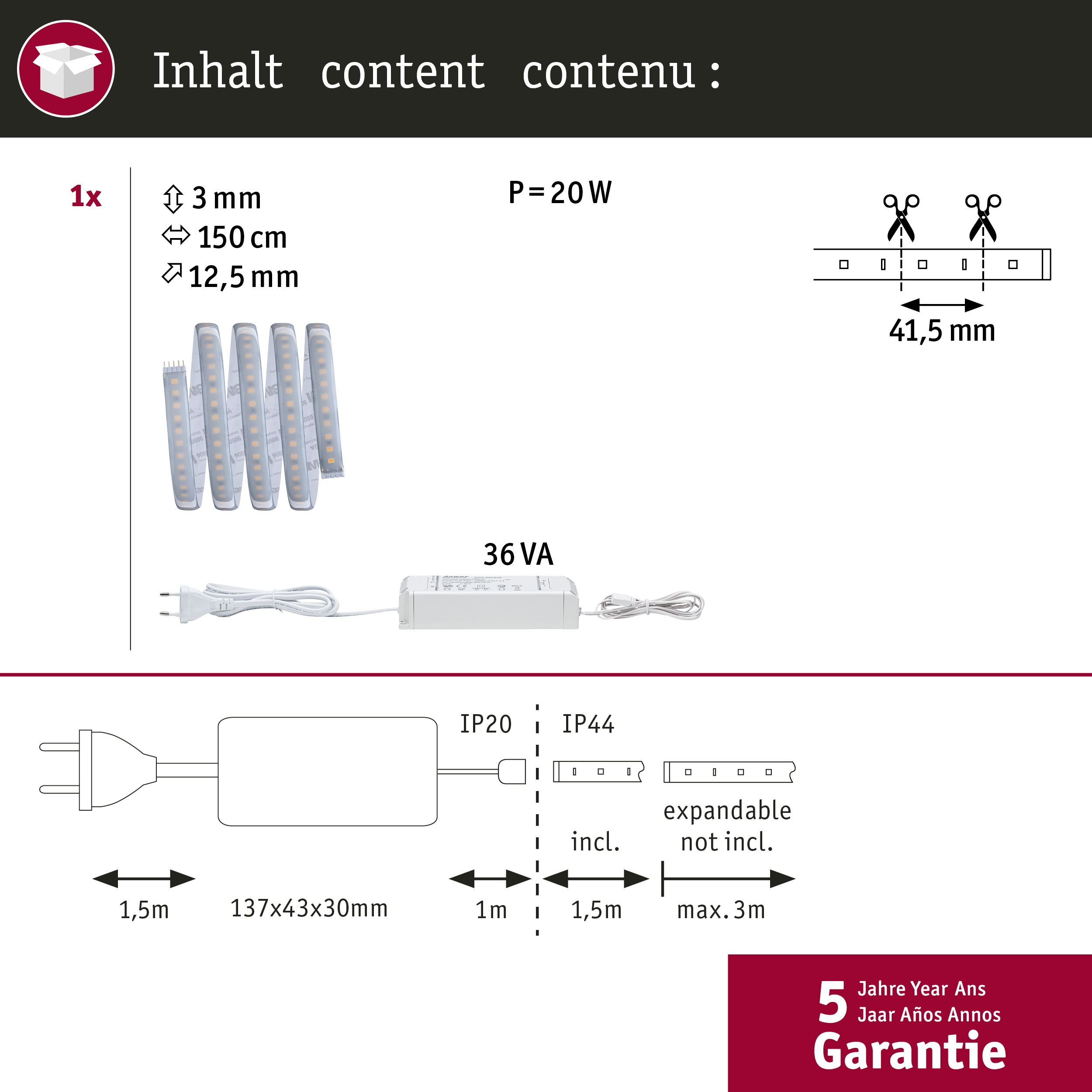 LED-Streifen mit Netzteil, 3mm breit, 150cm lang, 12,5mm Dicke, 20W.