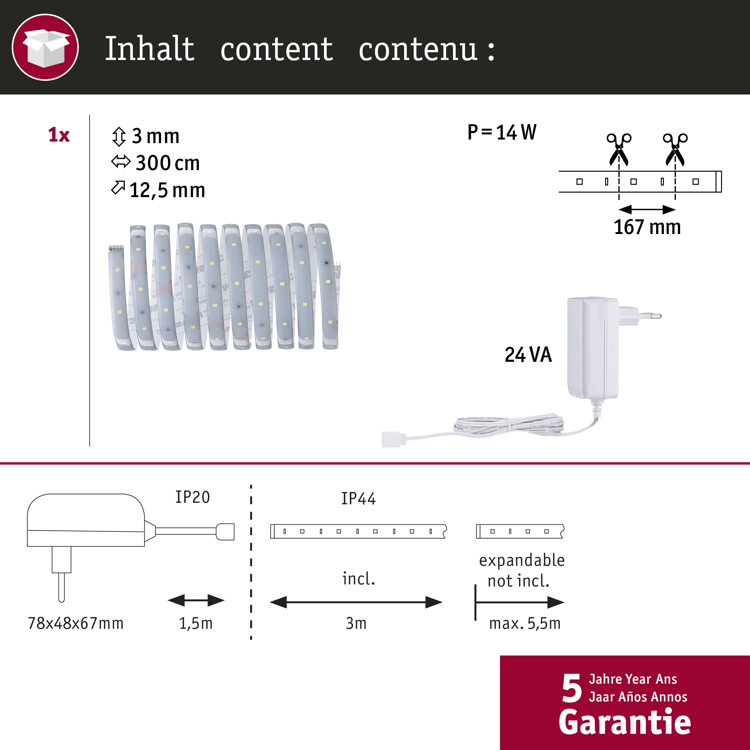 Technische Daten eines LED-Streifens: 3mm, 300cm, 12,5mm. Inkl. Netzteil.