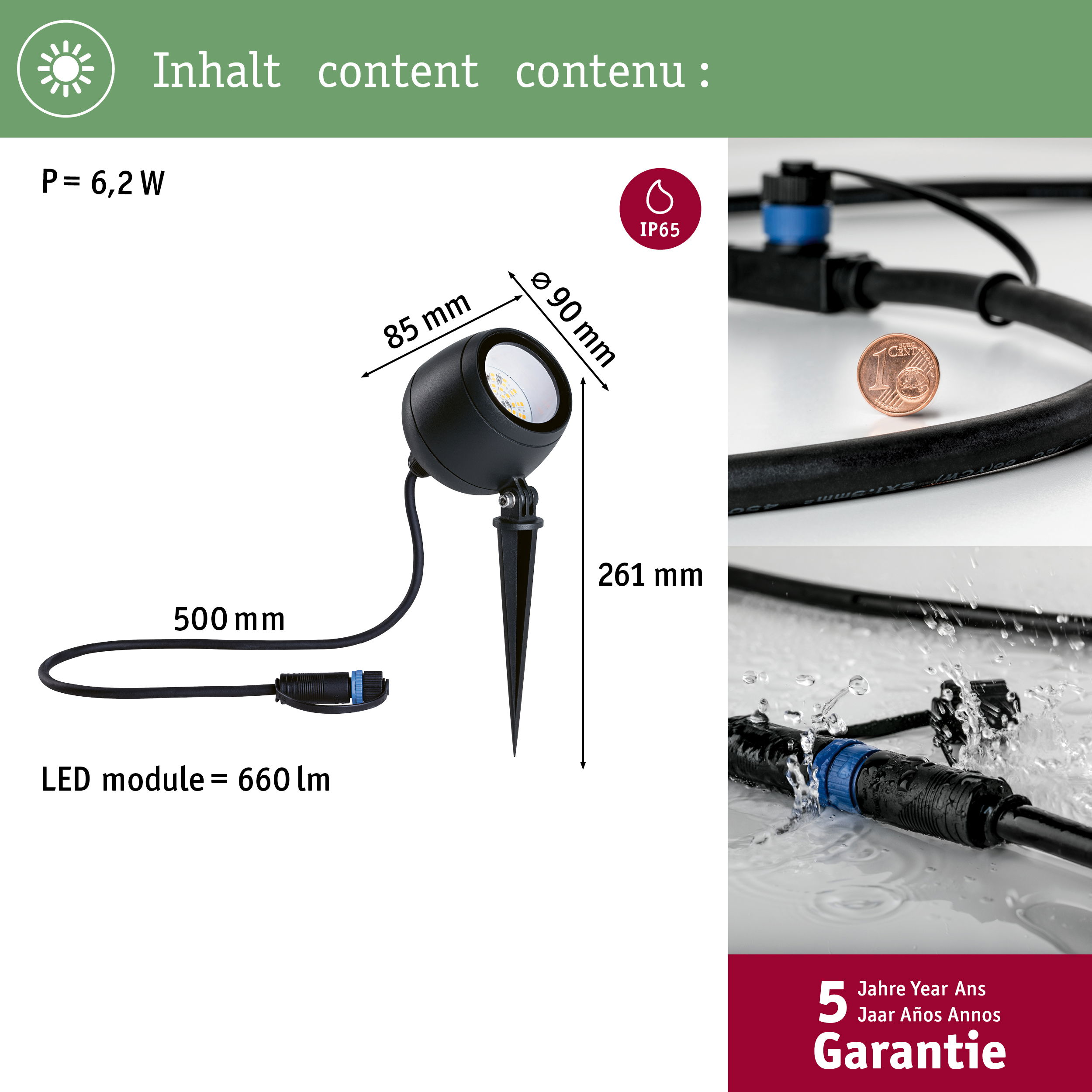 Schwarzer LED-Gartenstrahler mit Erdspieß, Kabel, Anschlüssen und Garantie.