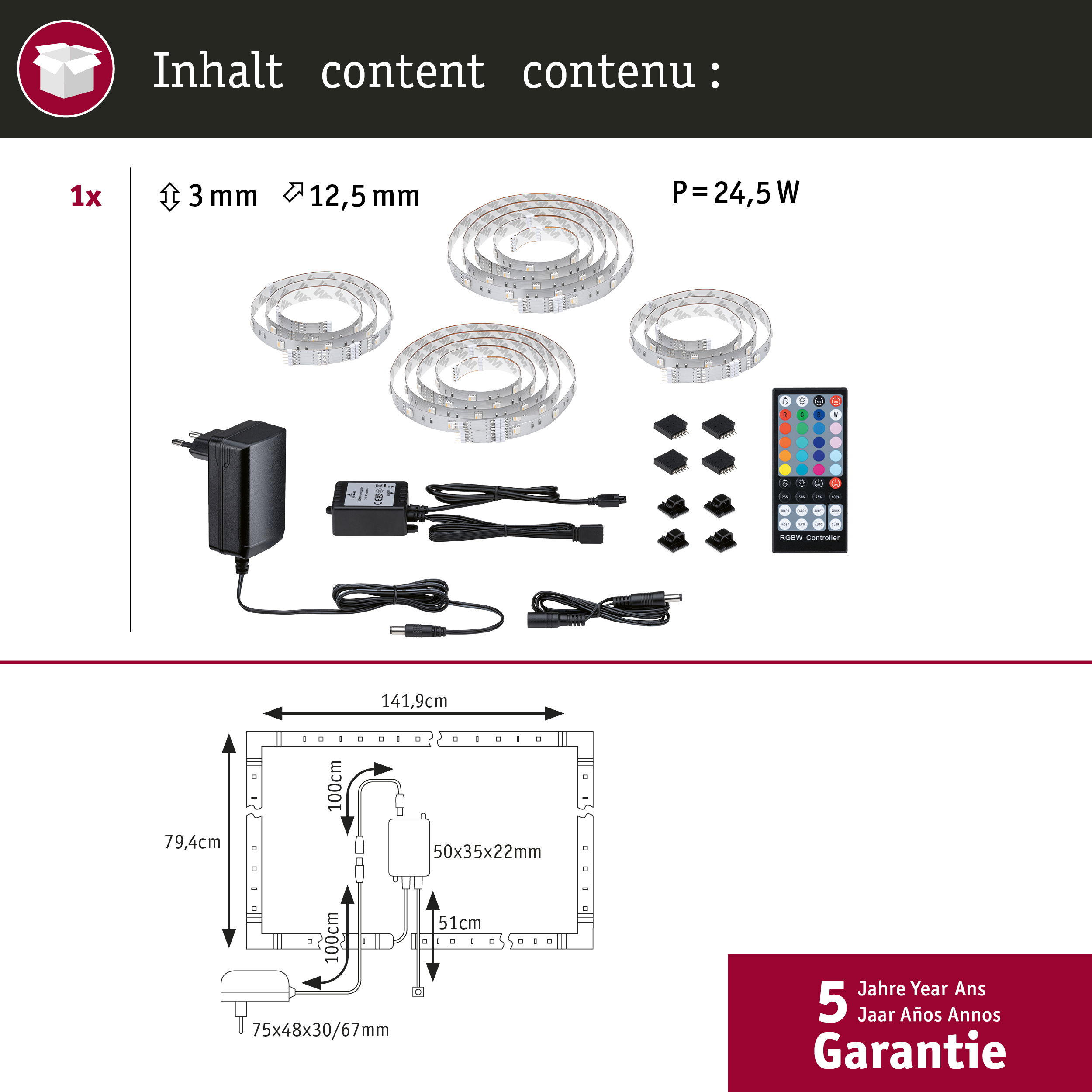 Un kit di strisce LED con telecomando, alimentatore e accessori.