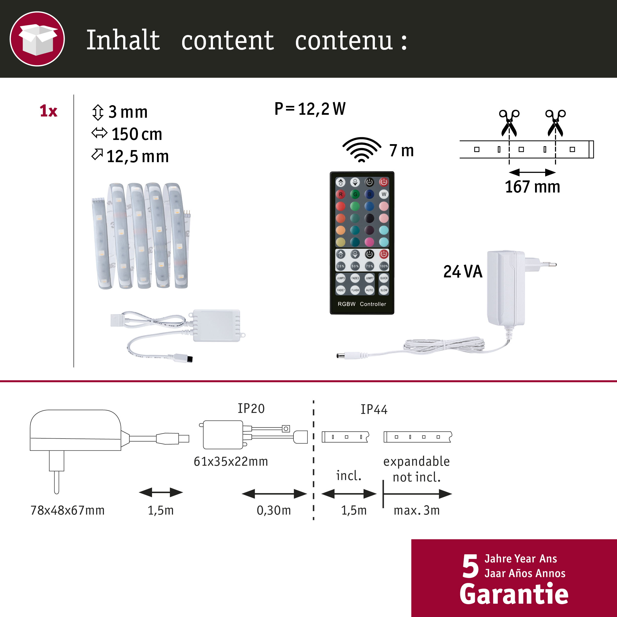 LED-Streifen-Set mit Fernbedienung, Netzteil, Controller und Maßen.