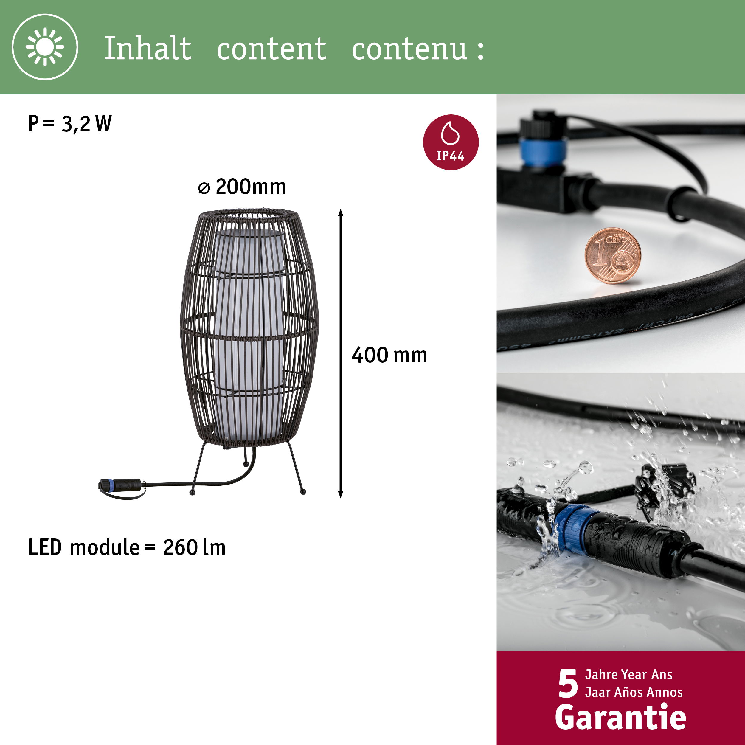 Pleciona podstawa latarni (400mm W, 200mm S) z modułem LED, P=3,2W, 260lm.