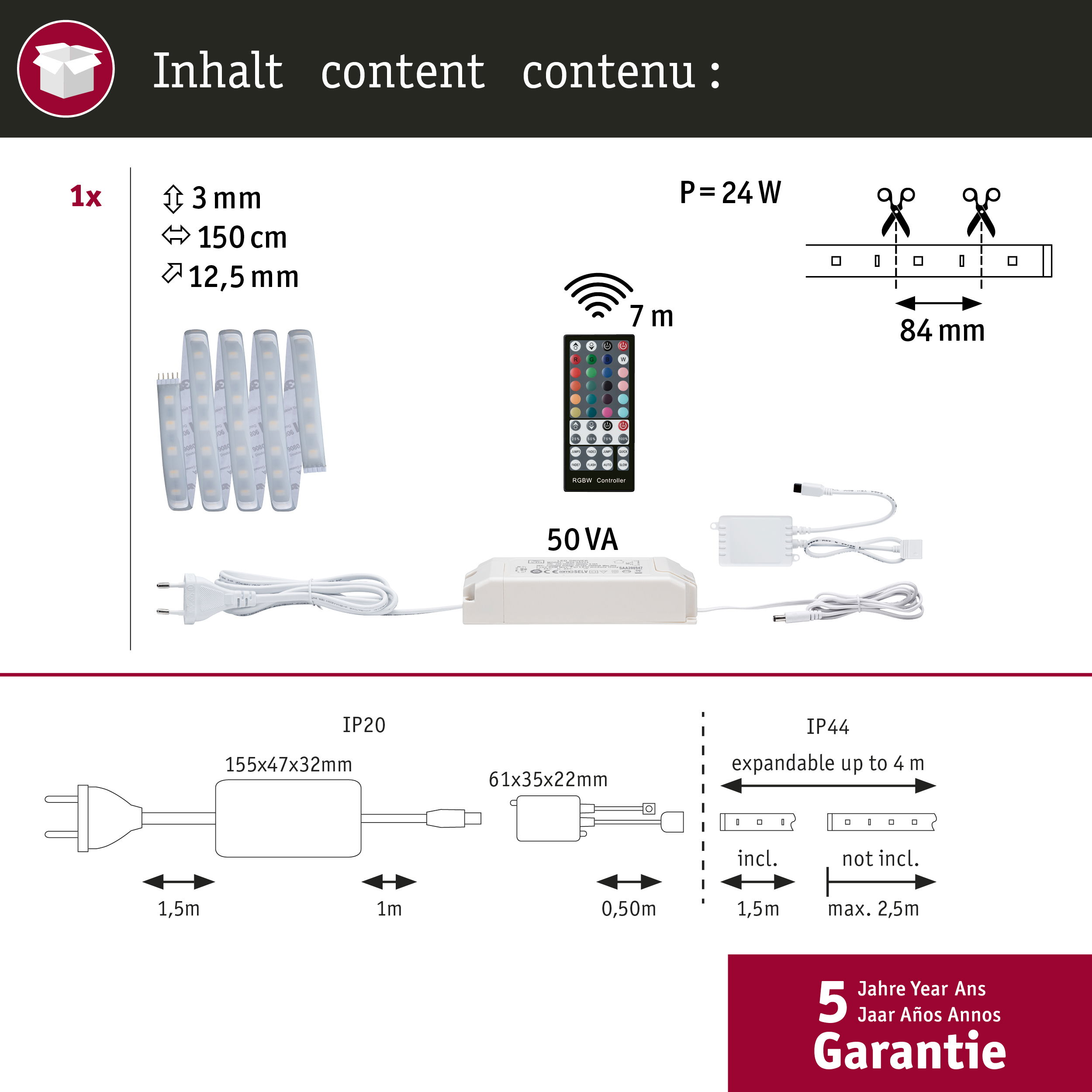 Taśma LED z pilotem, zasilaczem i kablami. Podane wymiary i moc.