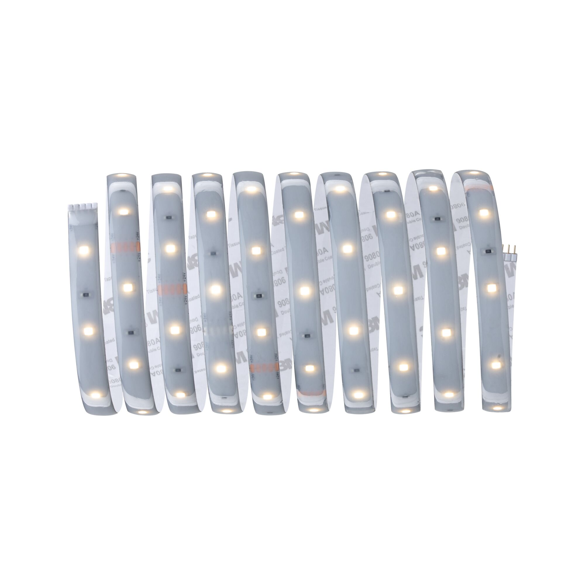Eine aufgerollte LED-Streifenleiste mit weißen Lichtern und Klebeband auf der Rückseite.