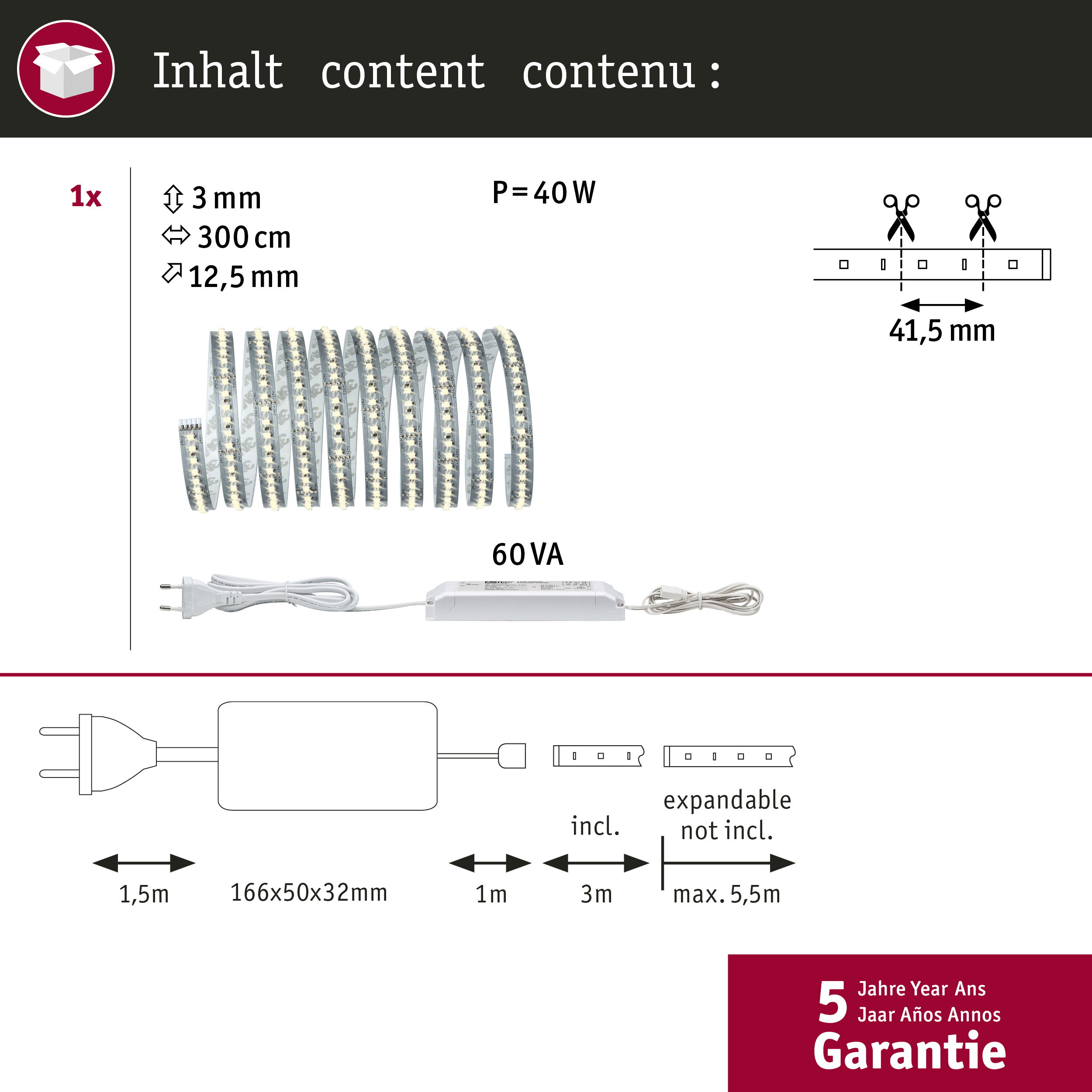 Una striscia LED arrotolata con alimentatore e spina, dimensioni e potenza.