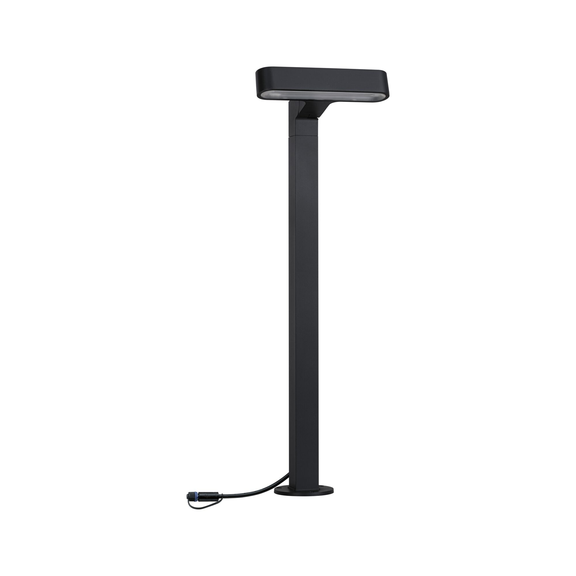 Ein schwarzer Pollerleuchter mit rechteckigem Kopf und Kabel.