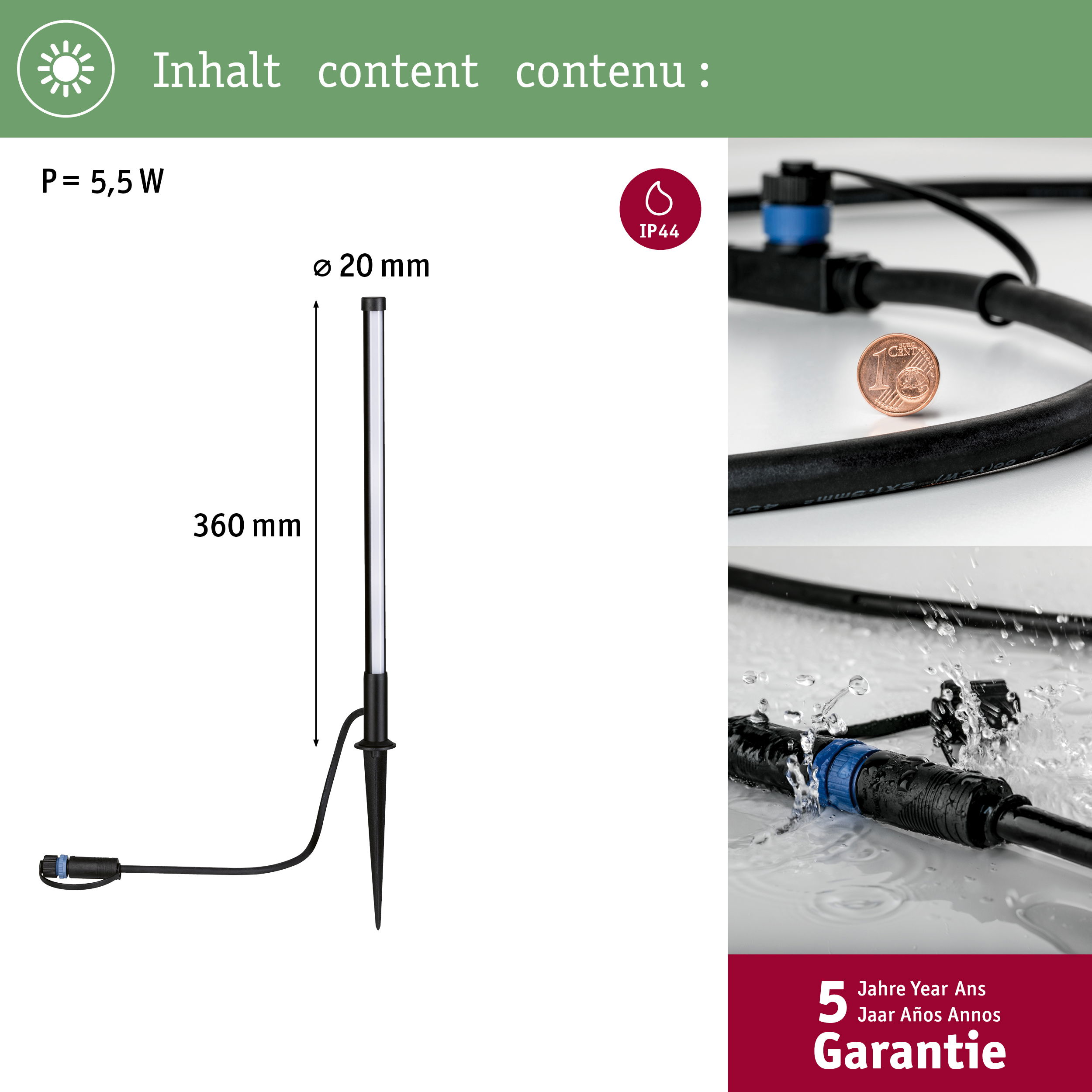 Gartenleuchte 36cm, IP44, 5,5W. Kabel mit Stecker und ein Cent-Stück.