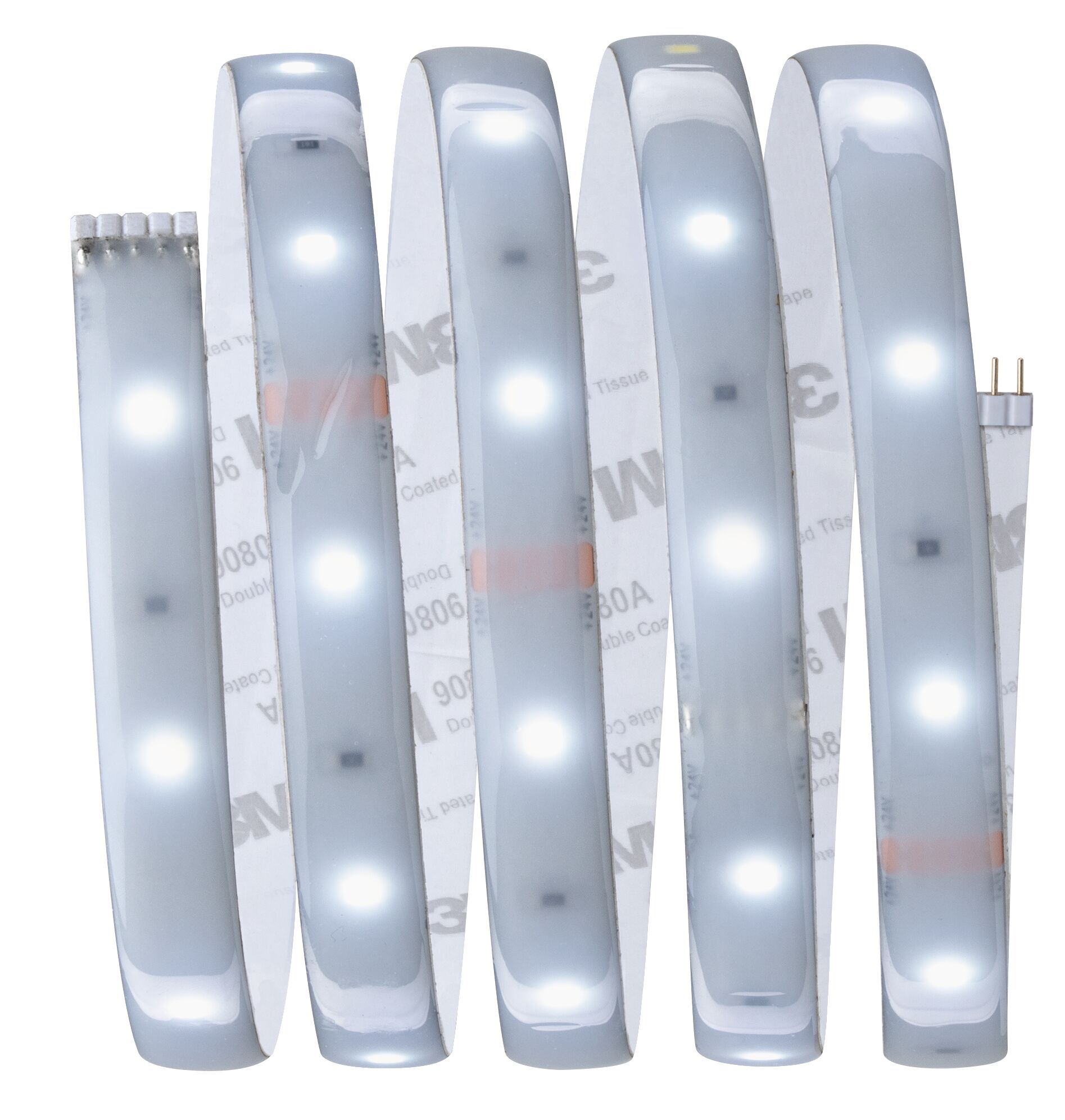 Eine aufgerollte LED-Streifenleiste mit weißen Lichtern und Klebeband.