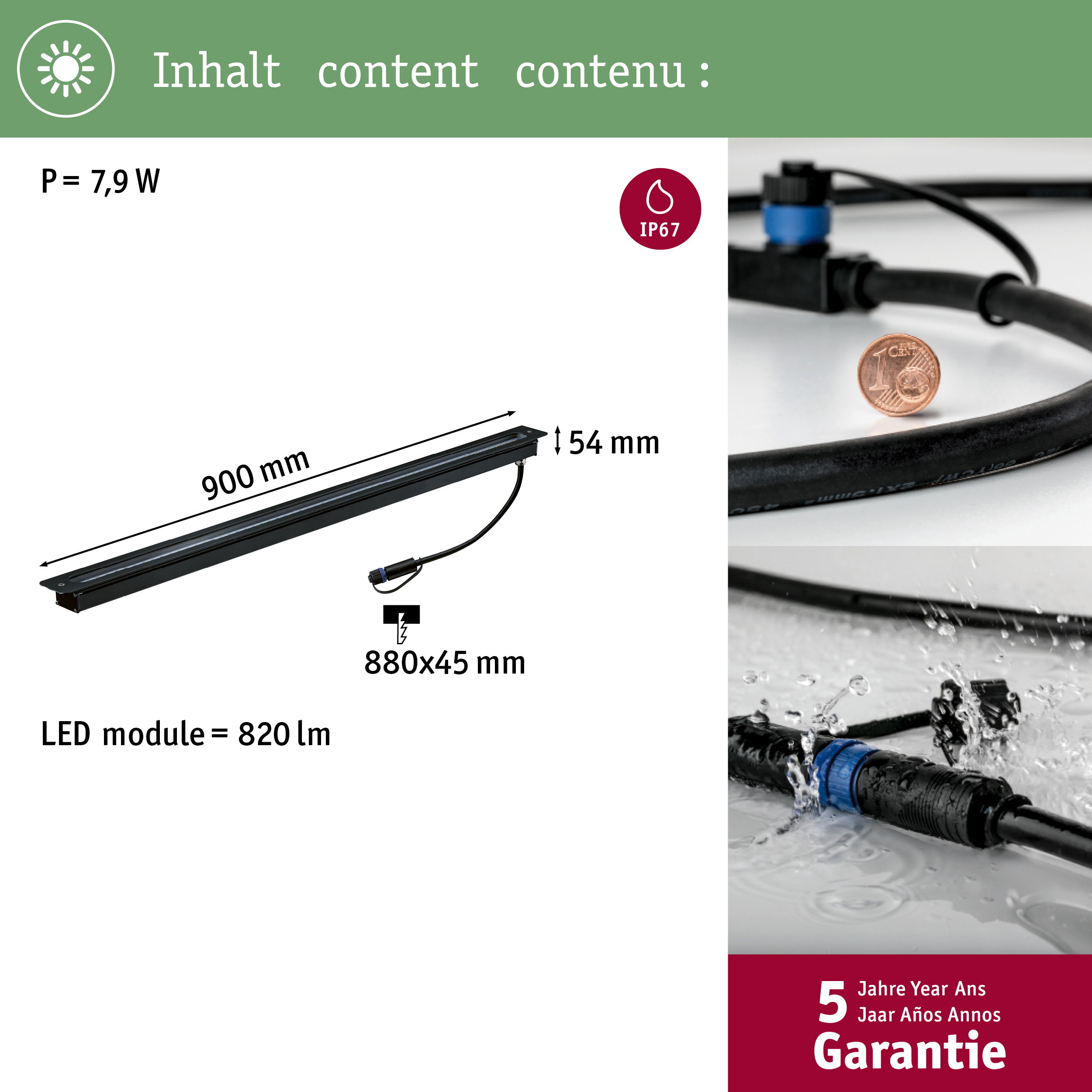 Schwarze LED-Leiste mit 900mm Länge, 7,9W, 820lm, IP67.