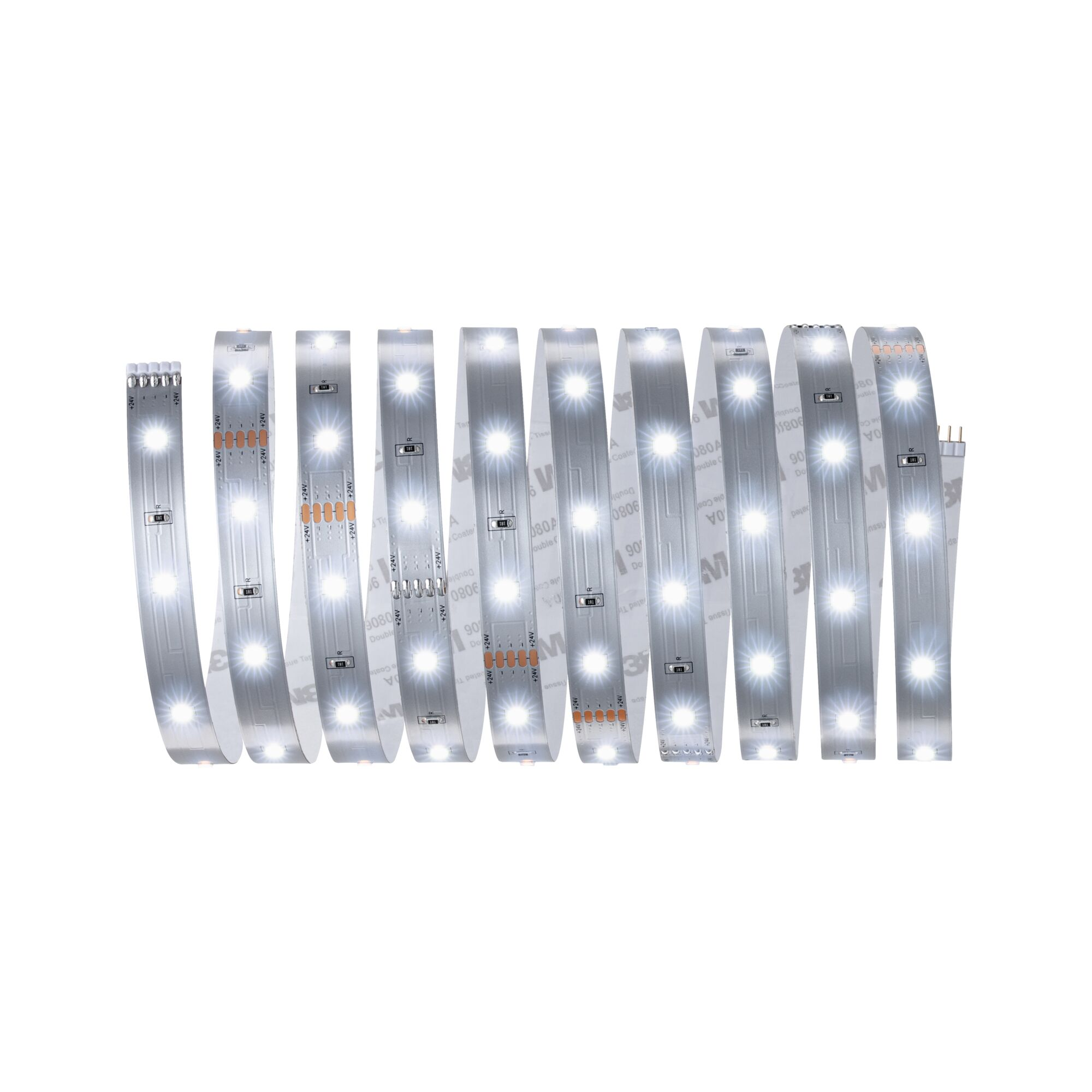 Eine aufgerollte weiße LED-Lichtleiste mit sichtbaren LEDs und Anschlusskabeln.