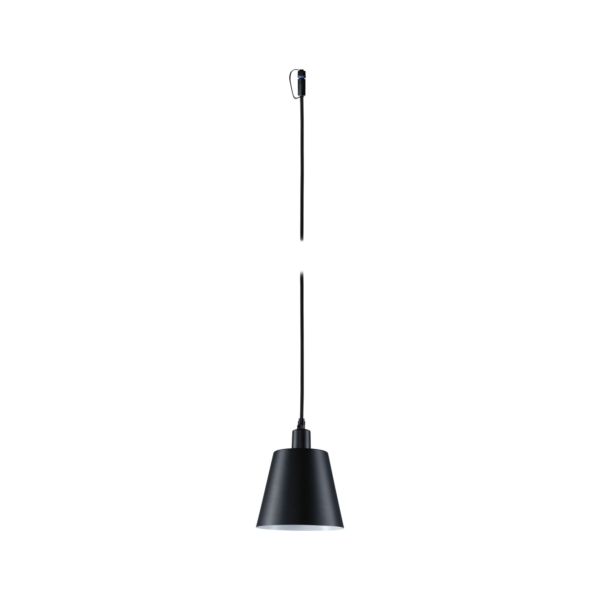 Czarna lampa wisząca z kloszem w kształcie stożka.