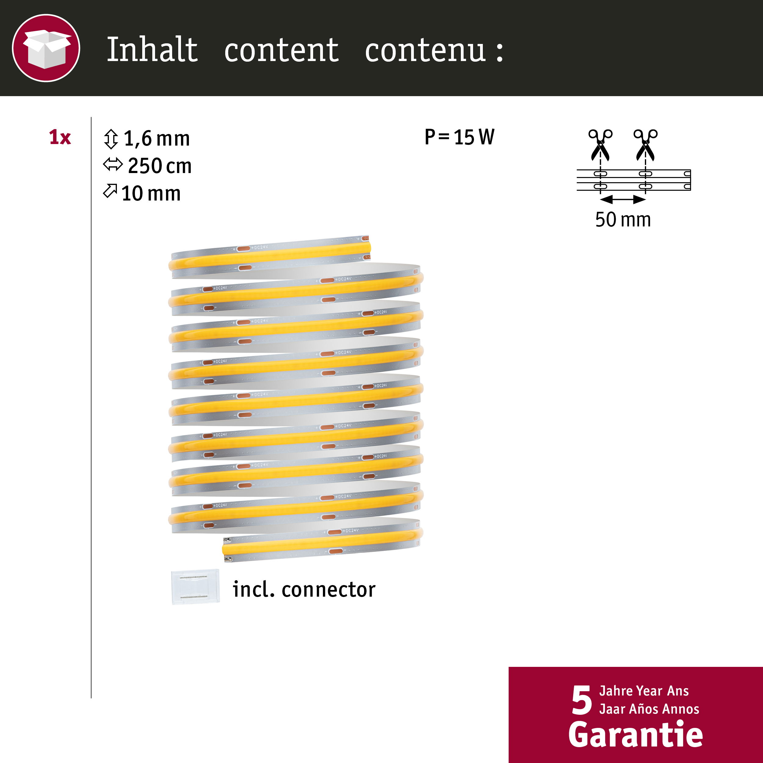 Taśma LED COB 1,6x10mm, 250cm, 15W, ze złączem. Znaki cięcia.