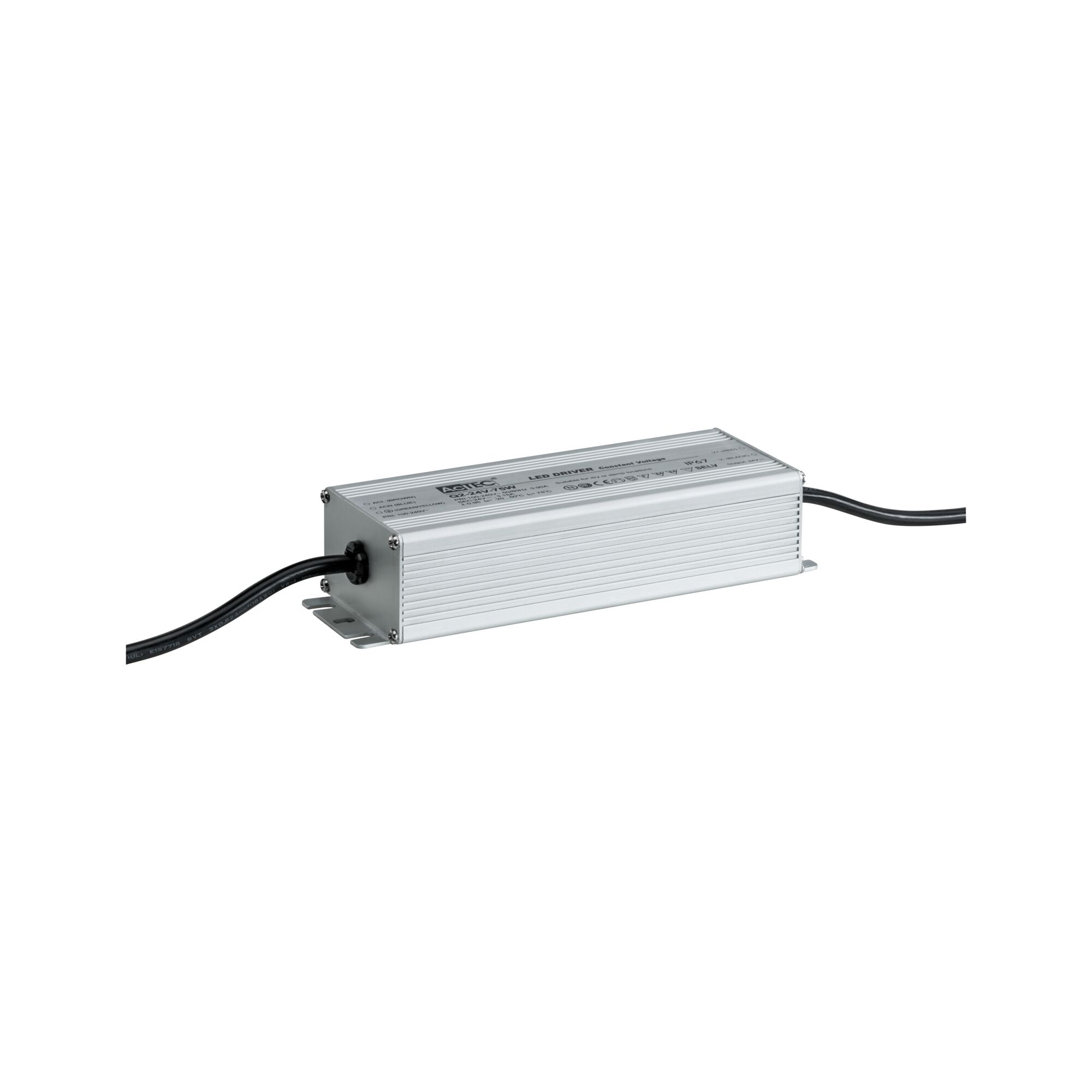 Silberner LED-Treiber mit schwarzem Kabel und Befestigungsösen.