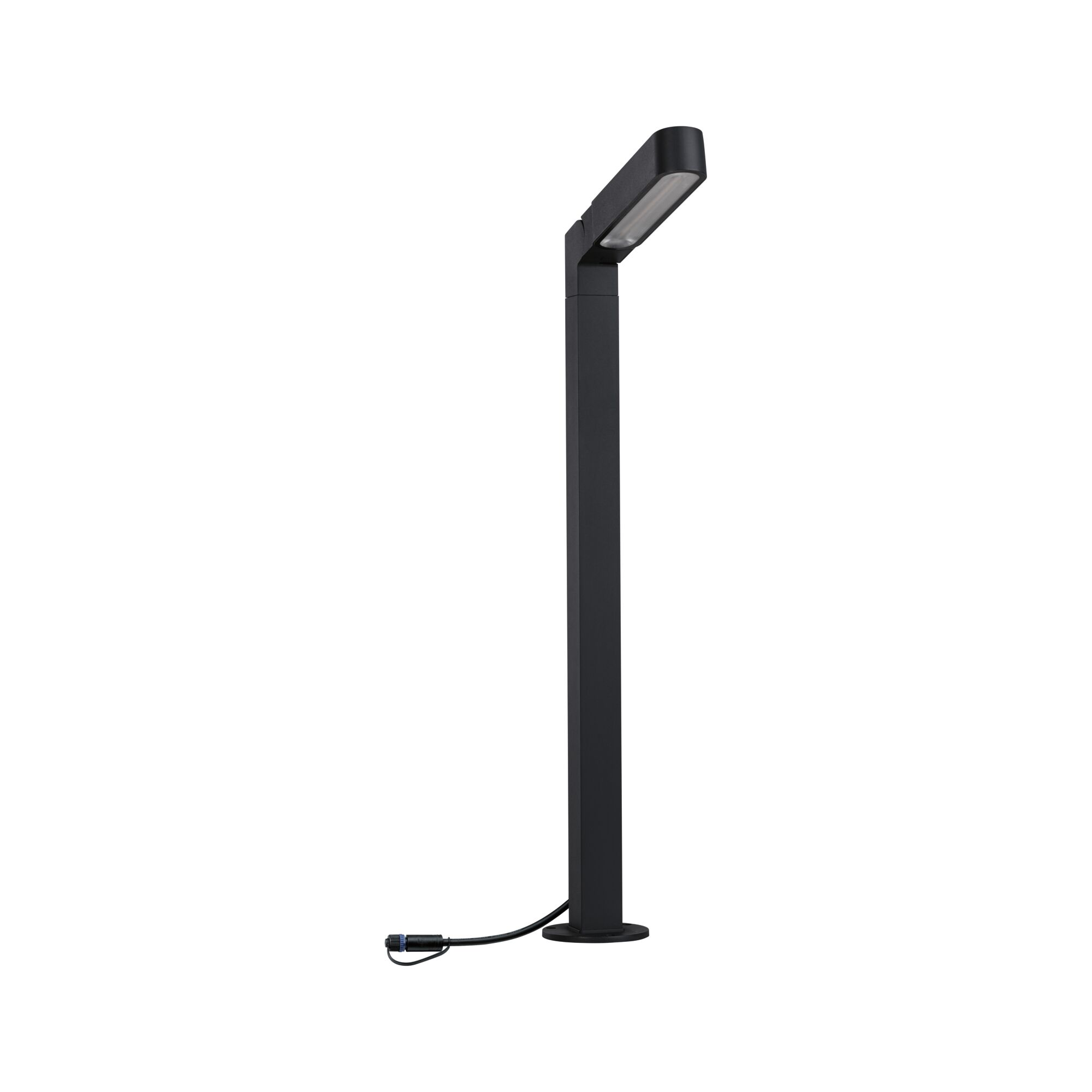 Ein schwarzer Mast mit einem Neigekopf-LED-Licht und einem Kabel am Fuß.