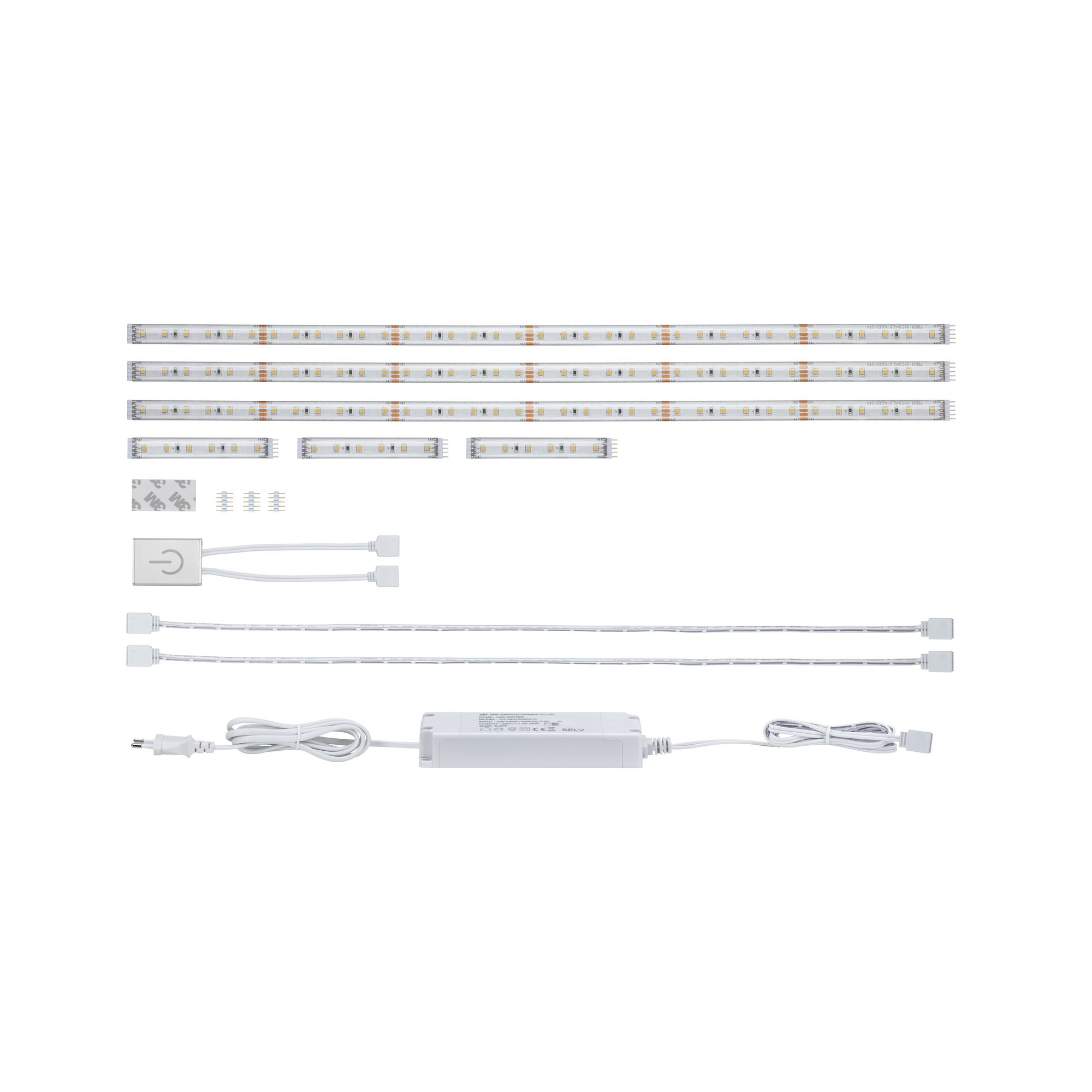 LED-Streifen, Netzteile, Kabel und Verbinder auf weißem Hintergrund.