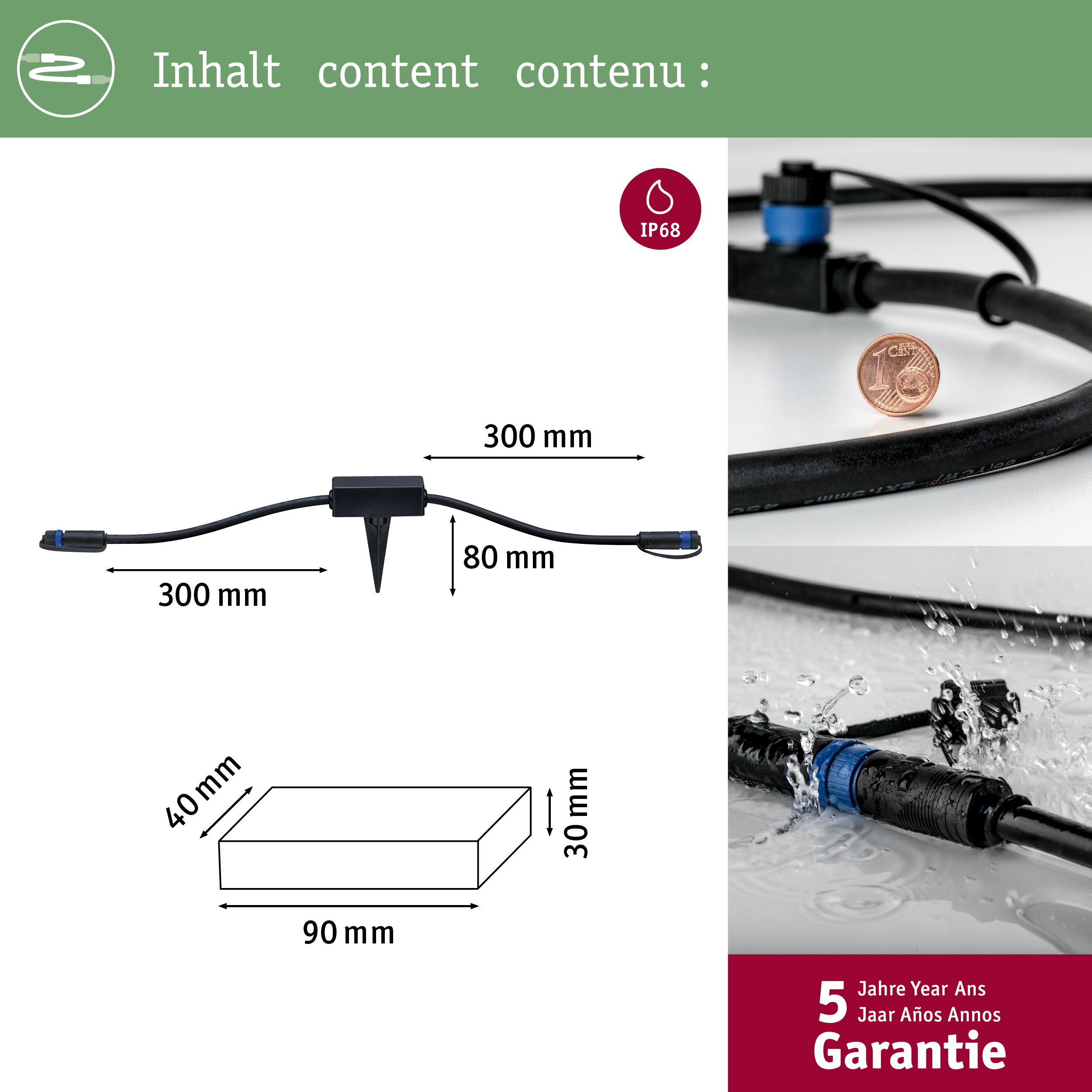 Technische Zeichnung und Nahaufnahme eines wasserdichten Steckverbinders mit Münze und Garantie.
