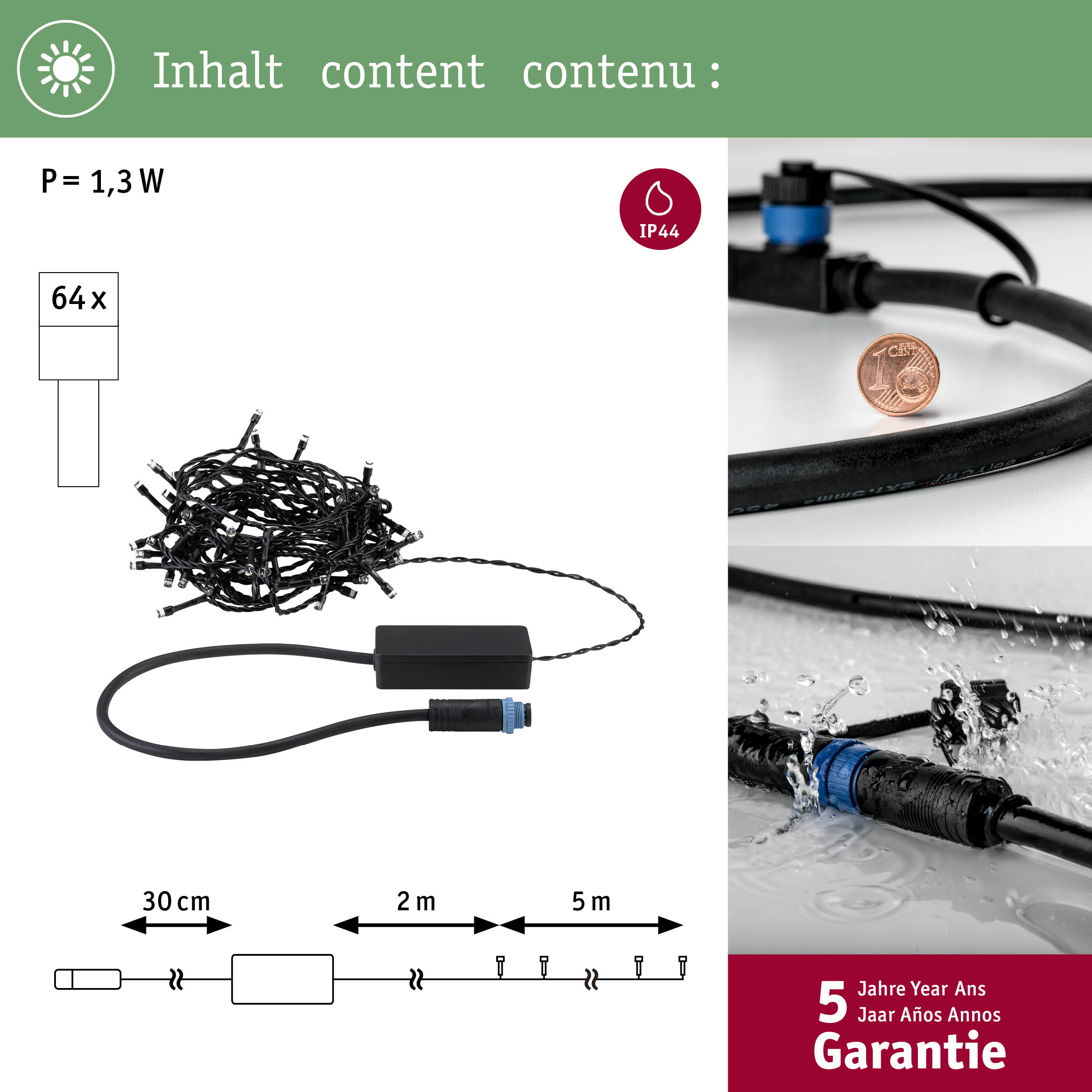 Lichterkette mit 64 LEDs, 1,3W, 30cm Kabel, 2m Zuleitung, 5m Länge. IP44.