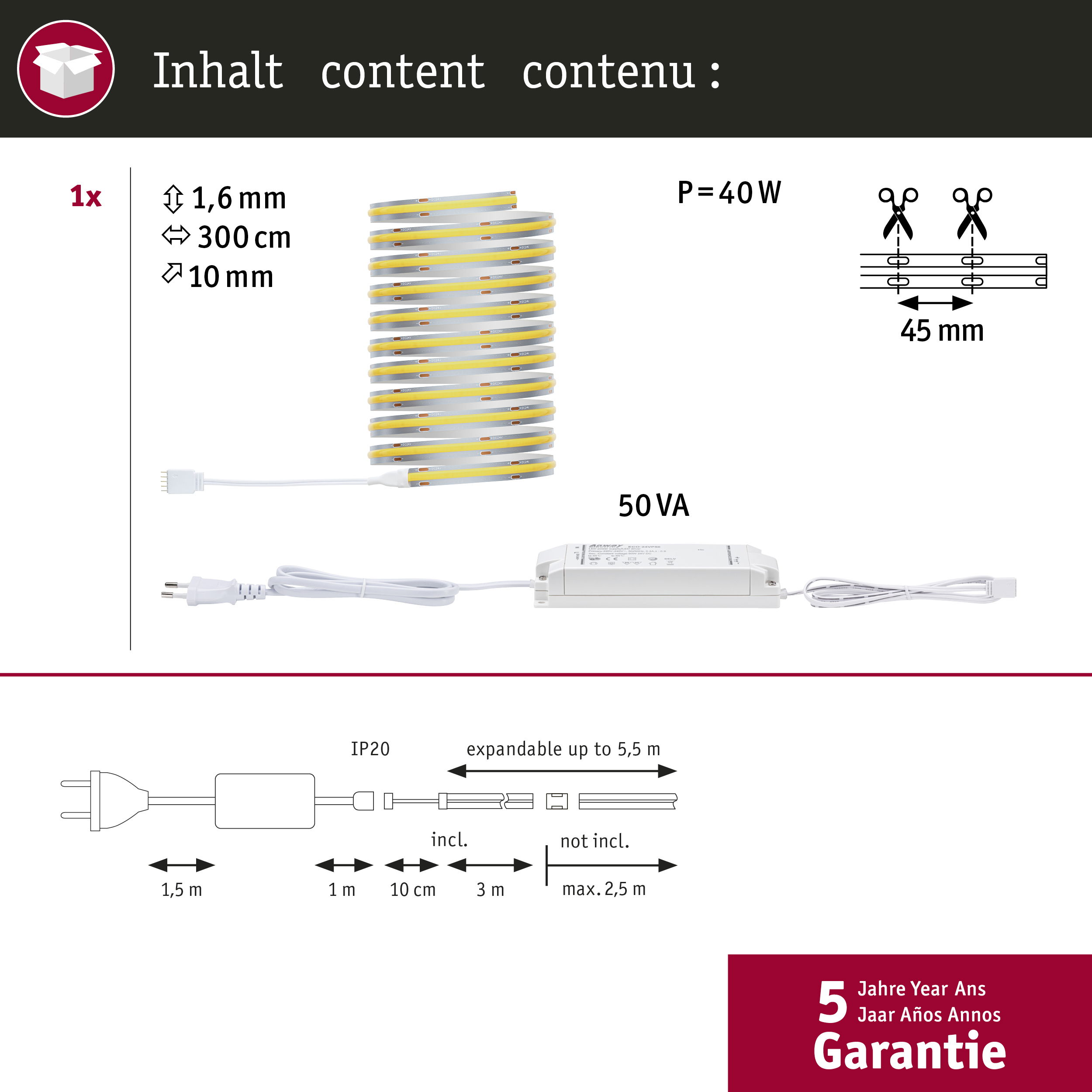 Taśma LED z zasilaczem. Wymiary: 1,6x10mm, długość 300cm. 40W, 50VA. IP20.