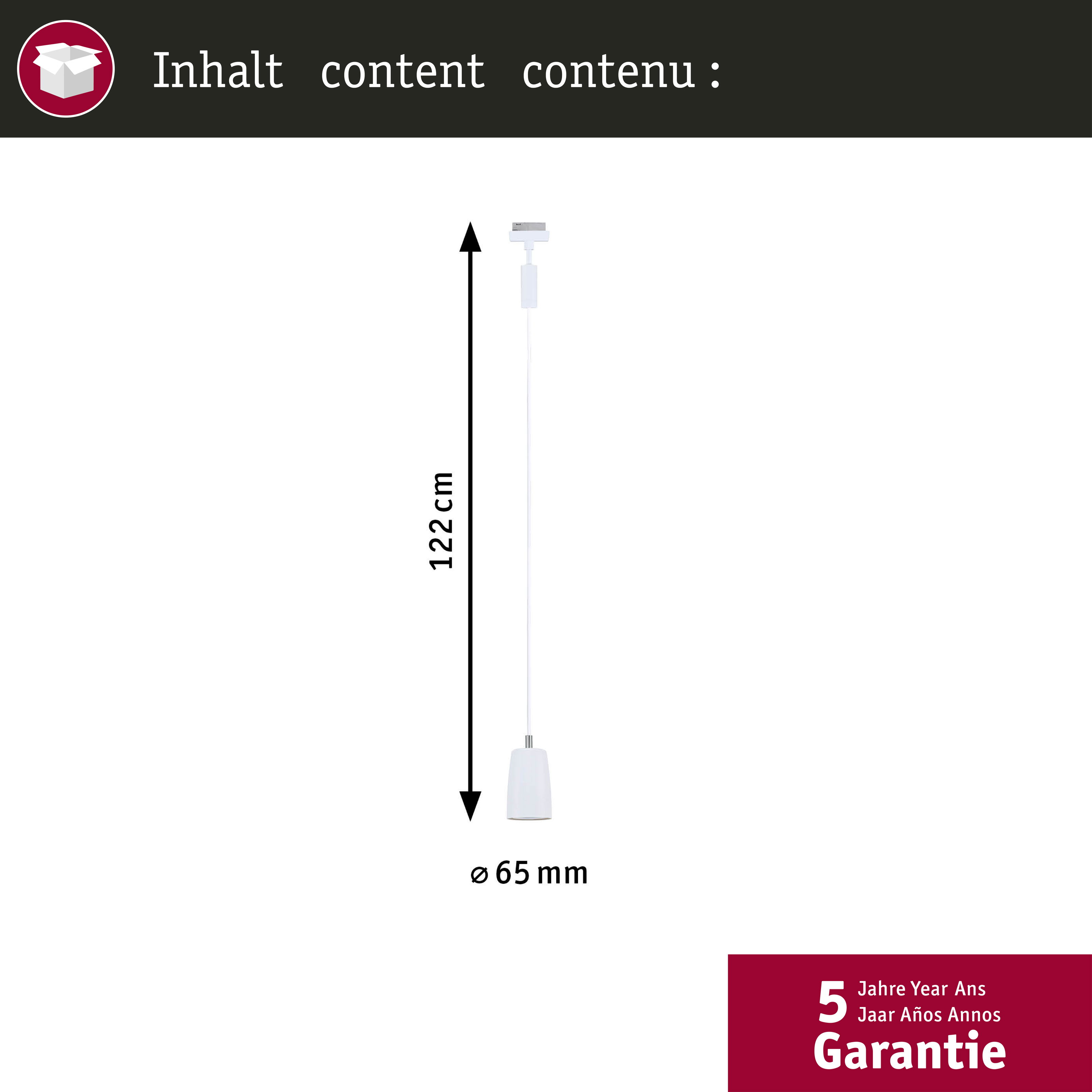 Eine weiße Pendelleuchte mit 122cm Länge und 65mm Durchmesser.