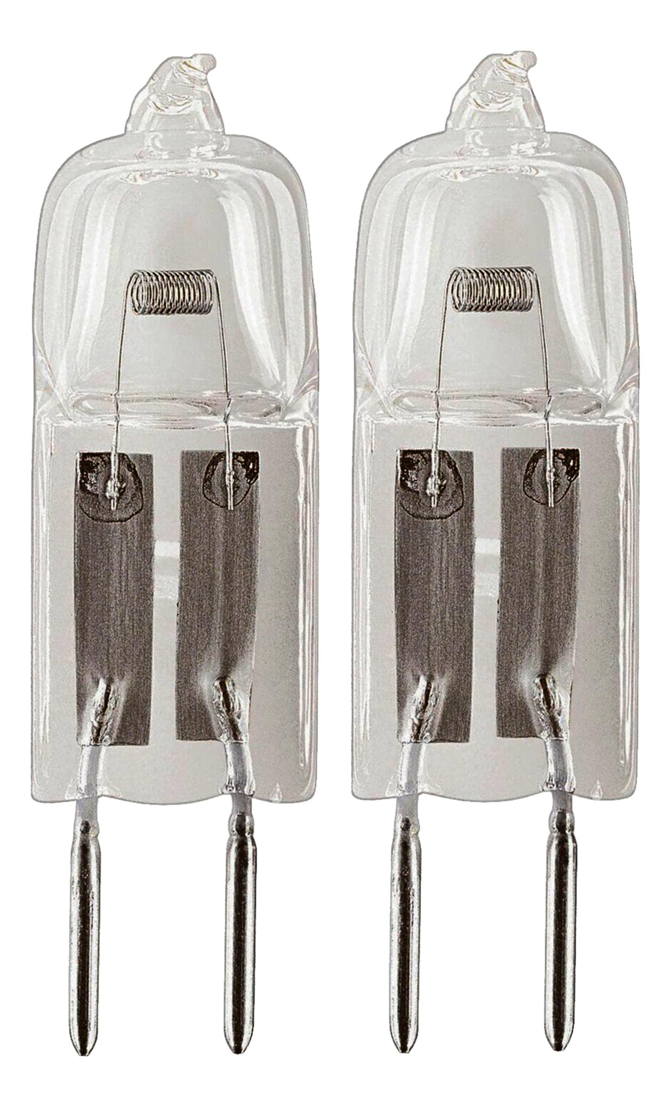 Zwei klare Halogenlampen mit Metallstiften und Spulen.