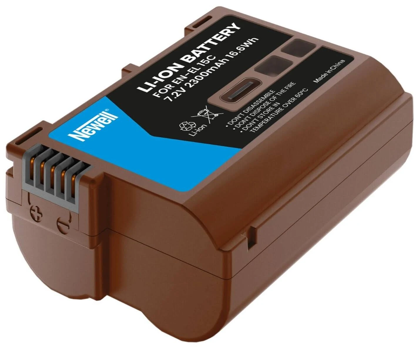 Una batería Newell de iones de litio marrón para EN-EL15C, 7,2V 2300mAh, con símbolos de advertencia.