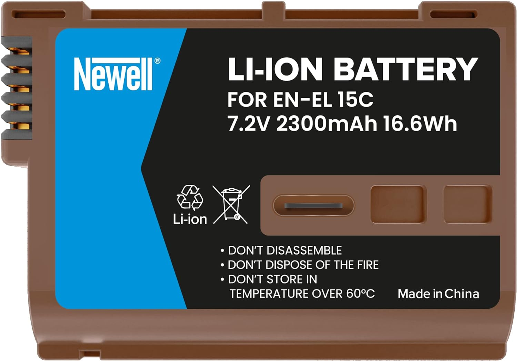 Batería marrón Newell Li-Ion para EN-EL 15C, 7,2V 2300mAh. Símbolos de advertencia e instrucciones.