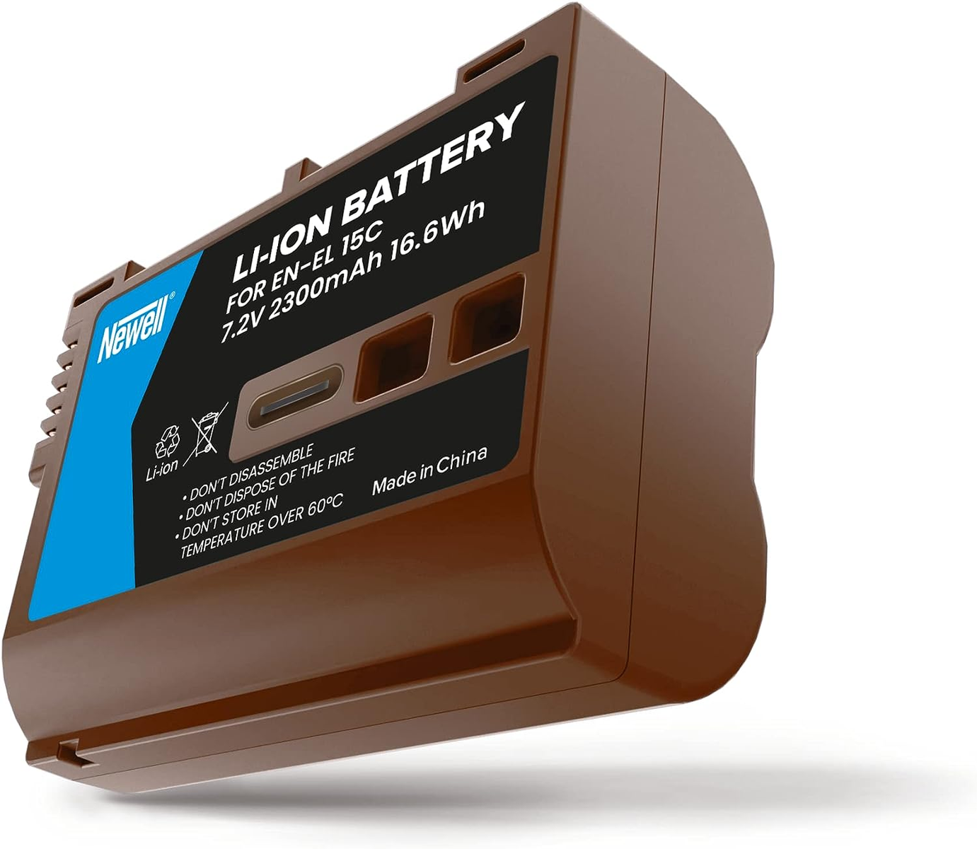 Batería Li-ion marrón para EN-EL 15C, 7.2V 2300mAh, con advertencias.