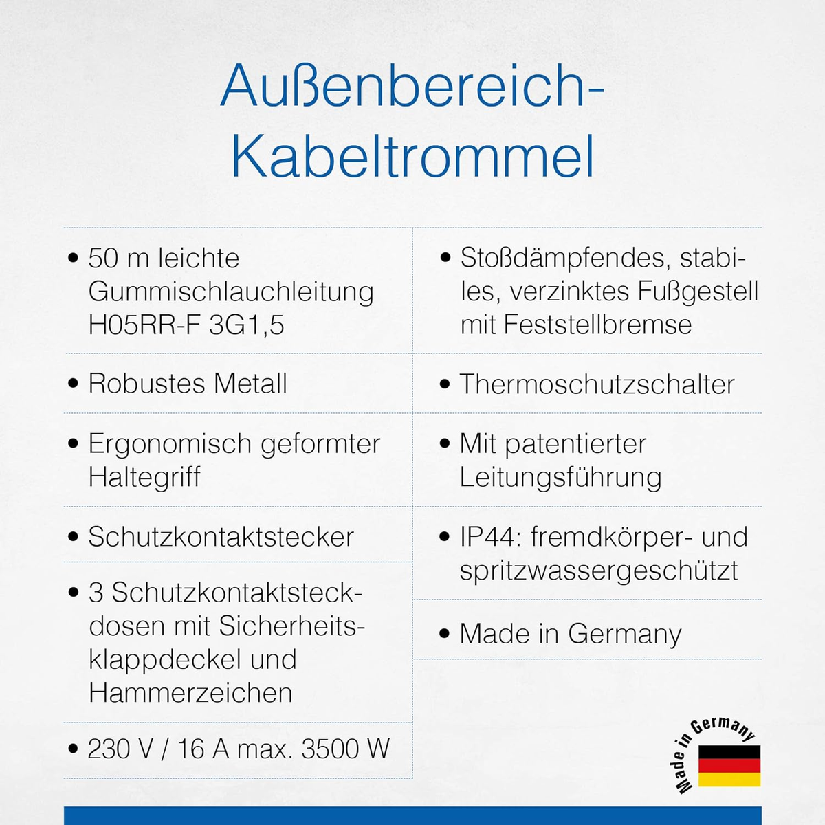 Außenbereich-Kabeltrommel mit 50m Kabel, Metallgehäuse, IP44 Schutz.