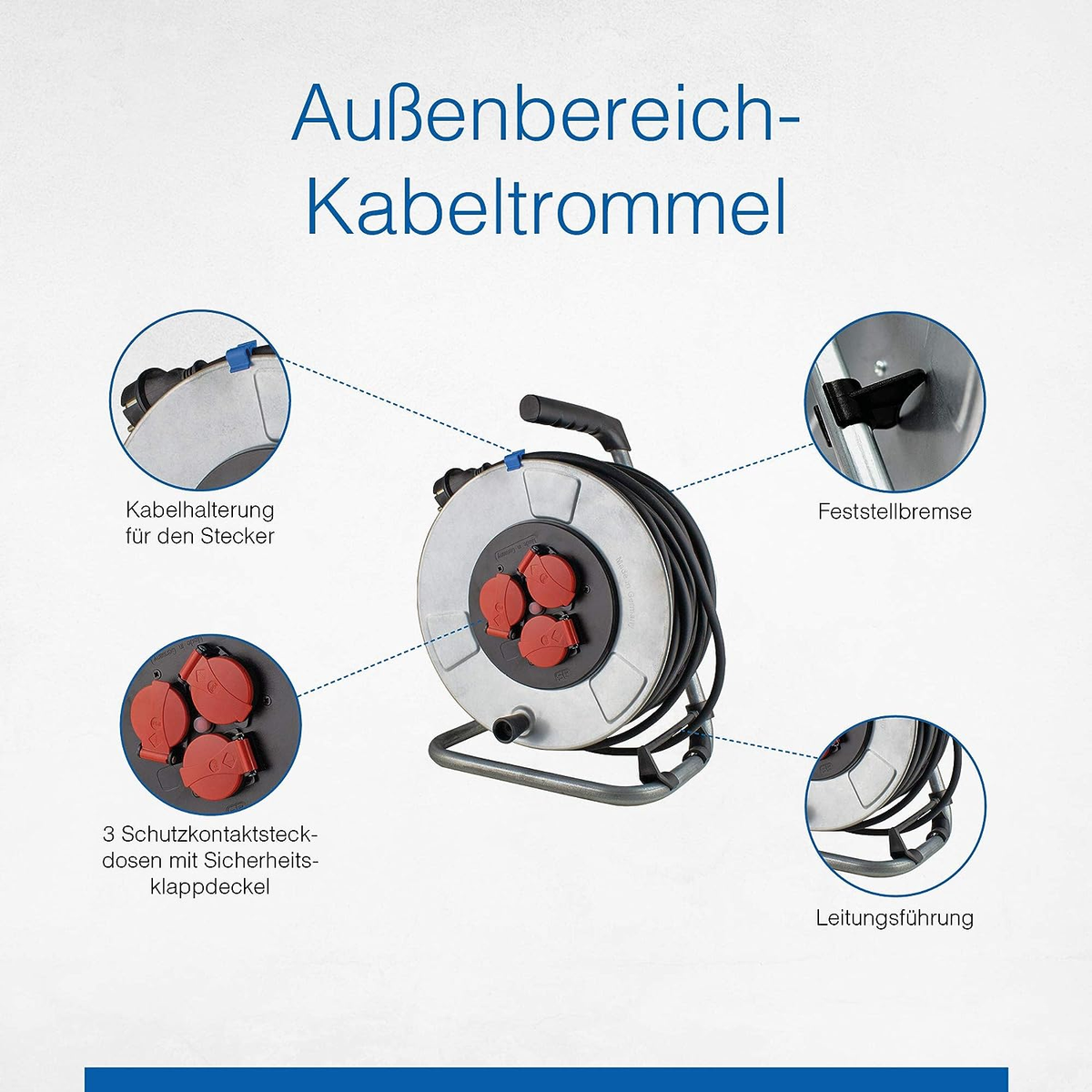 Kabeltrommel mit drei Steckdosen, Kabelhalterung, Feststellbremse und Leitungsführung.