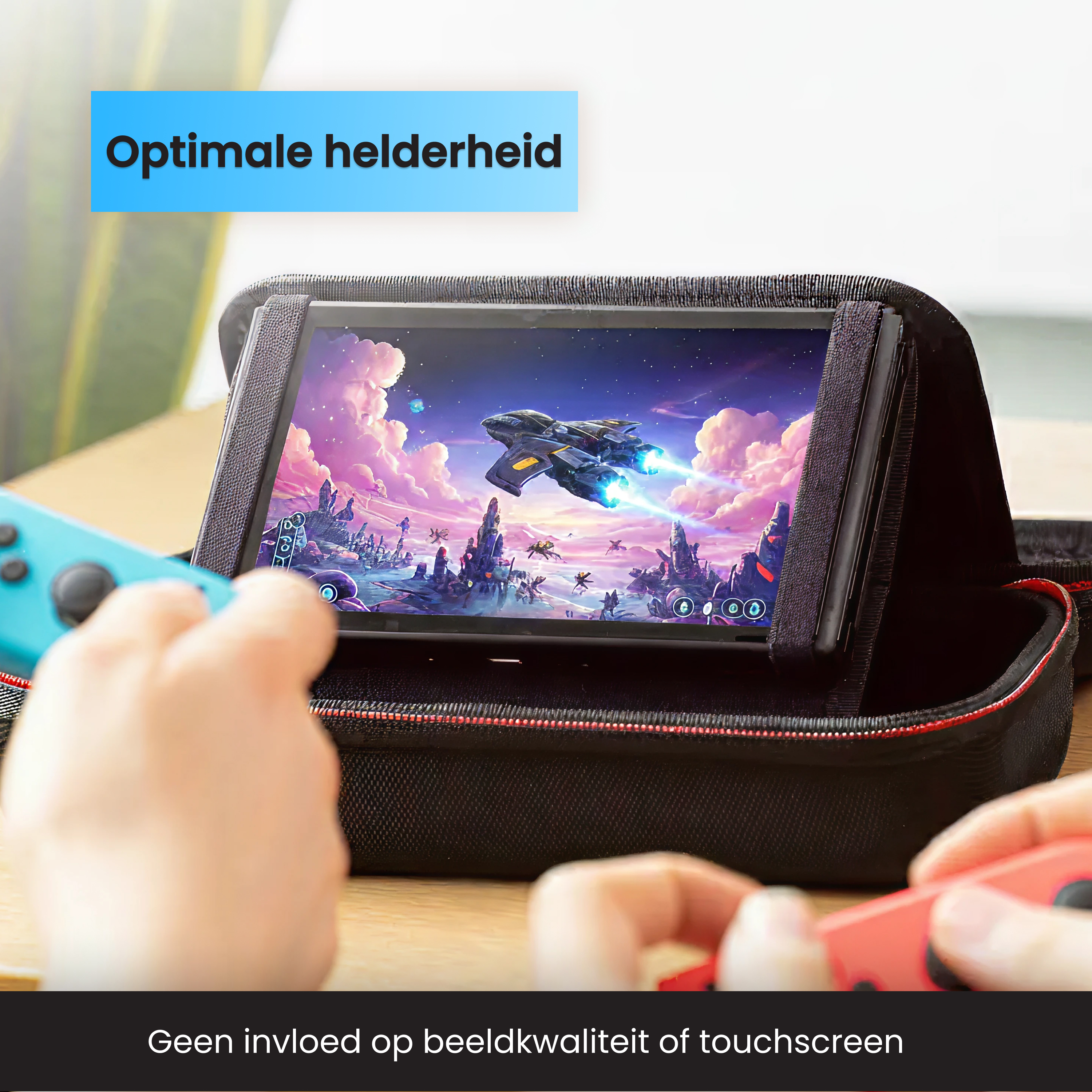 A Nintendo Switch is shown in a black case with its game screen displayed.