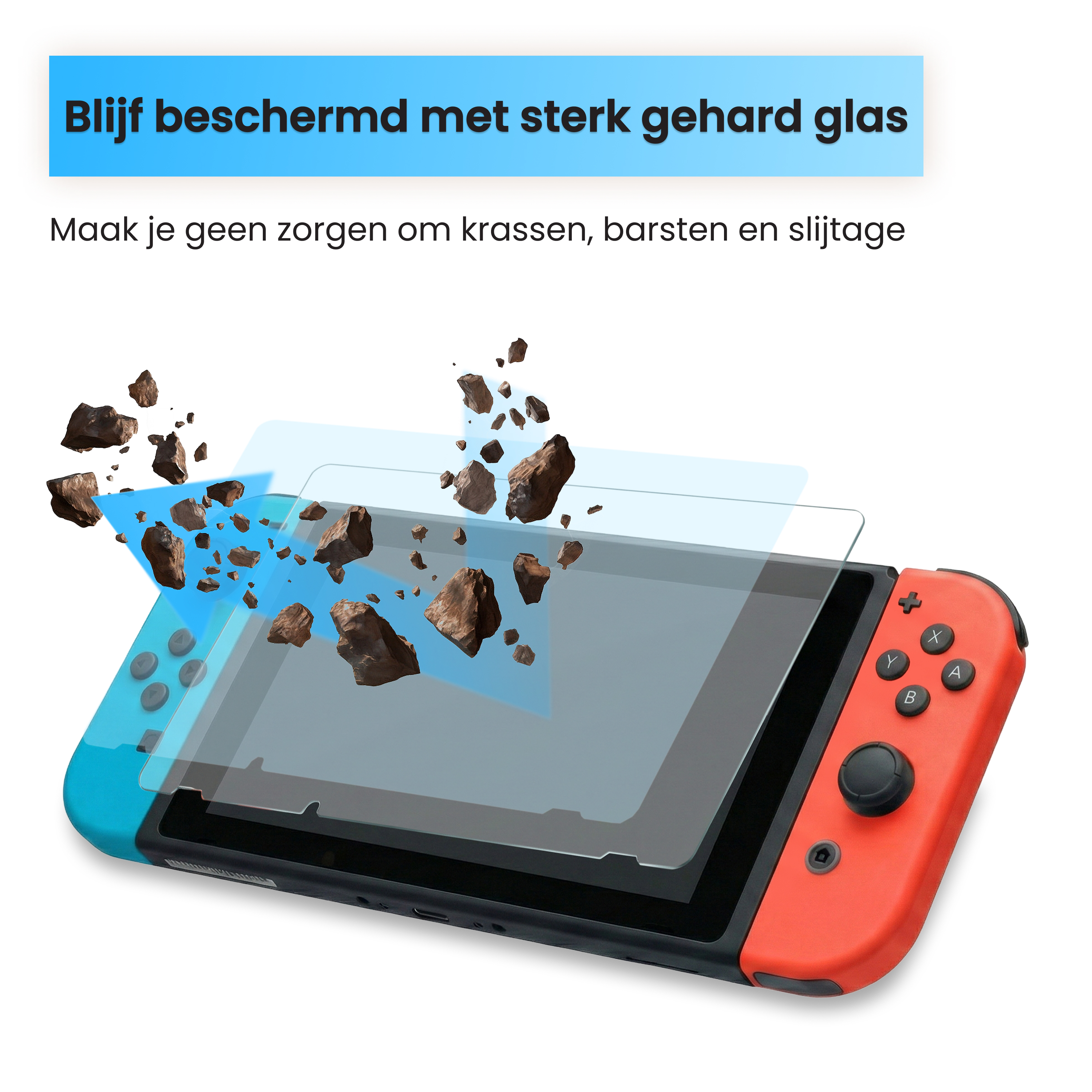 A Nintendo Switch with protective glass deflecting falling rocks.