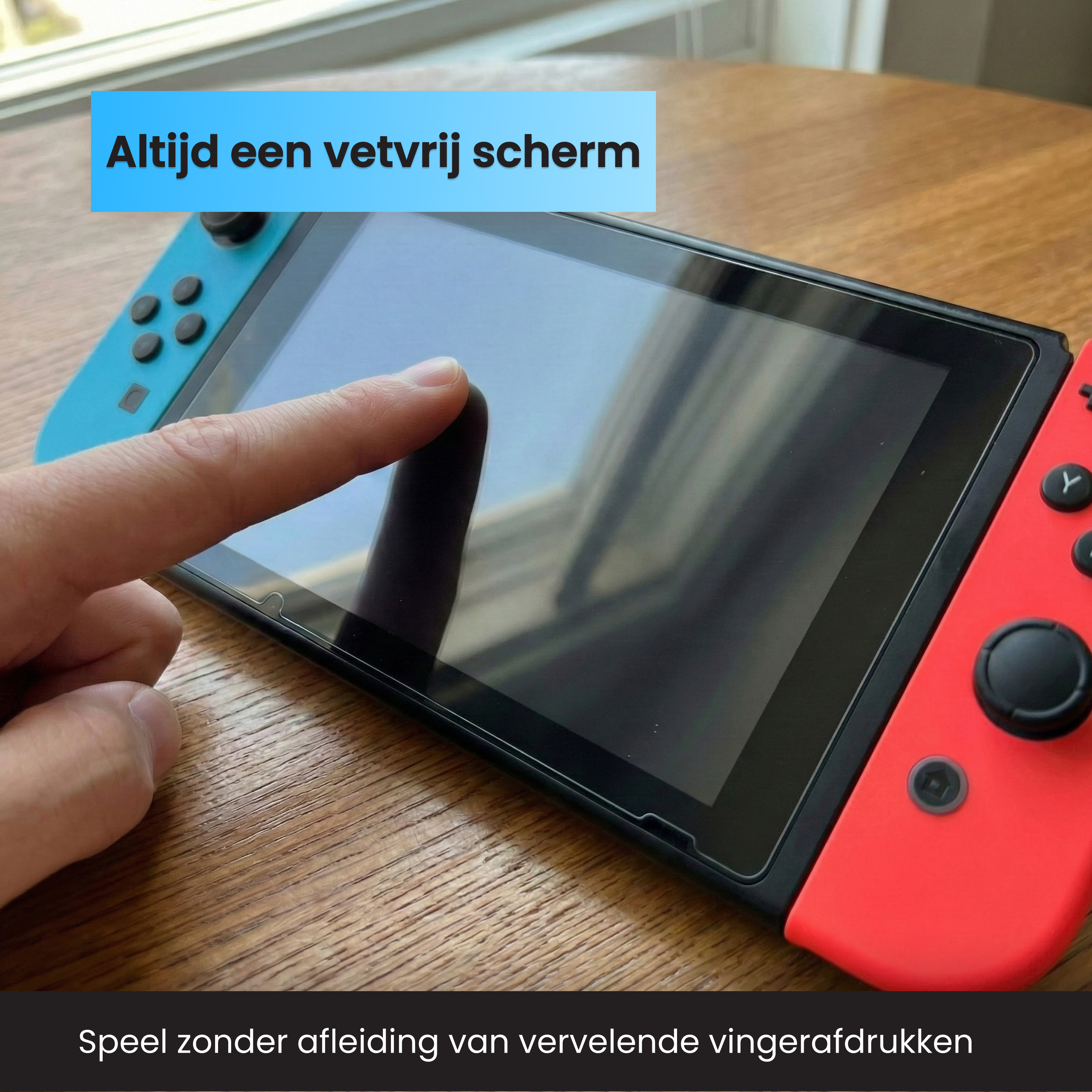 Nintendo Switch with blue and red controllers, finger touching the screen.