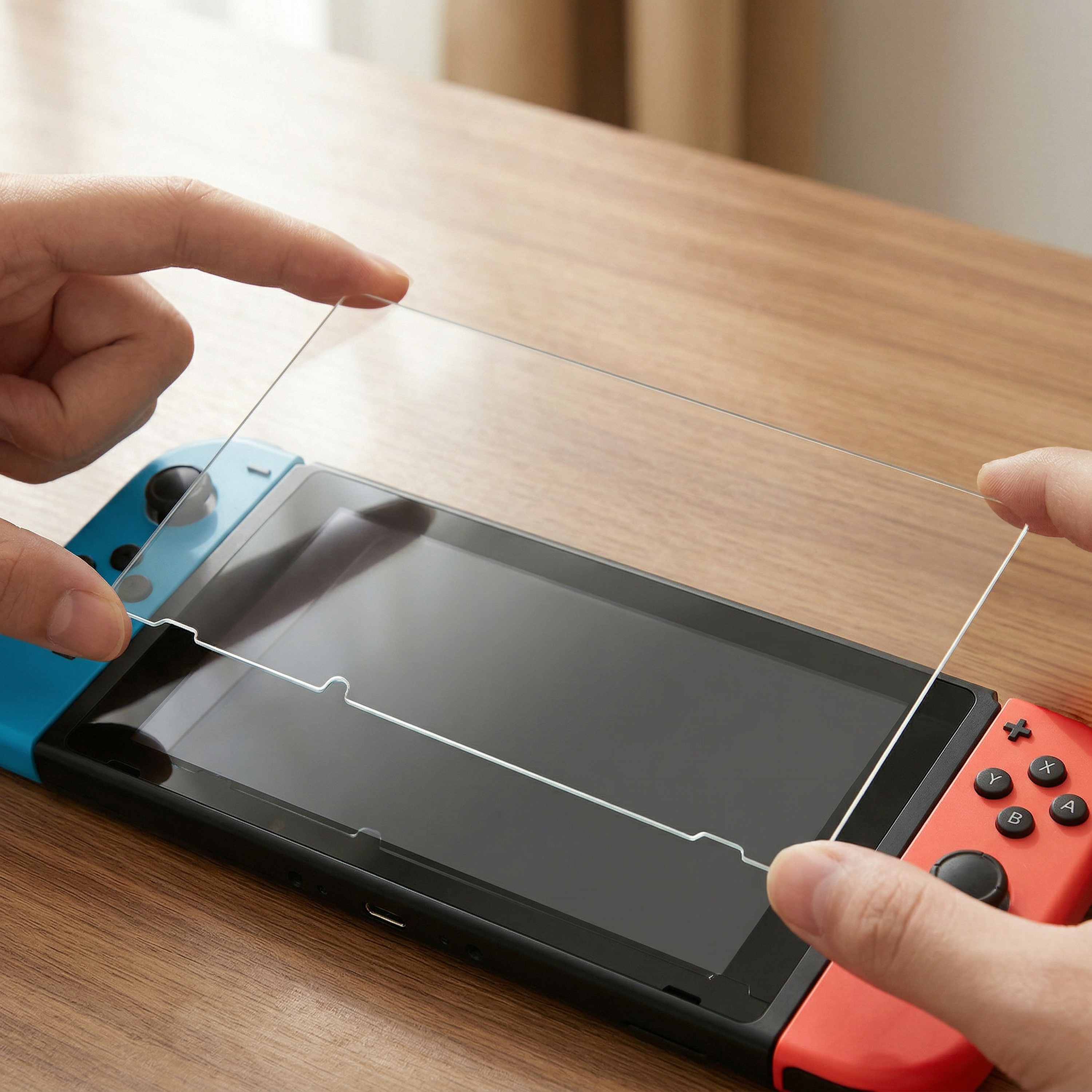 Screen protector being applied to a Nintendo Switch screen. Blue and red controllers are visible.