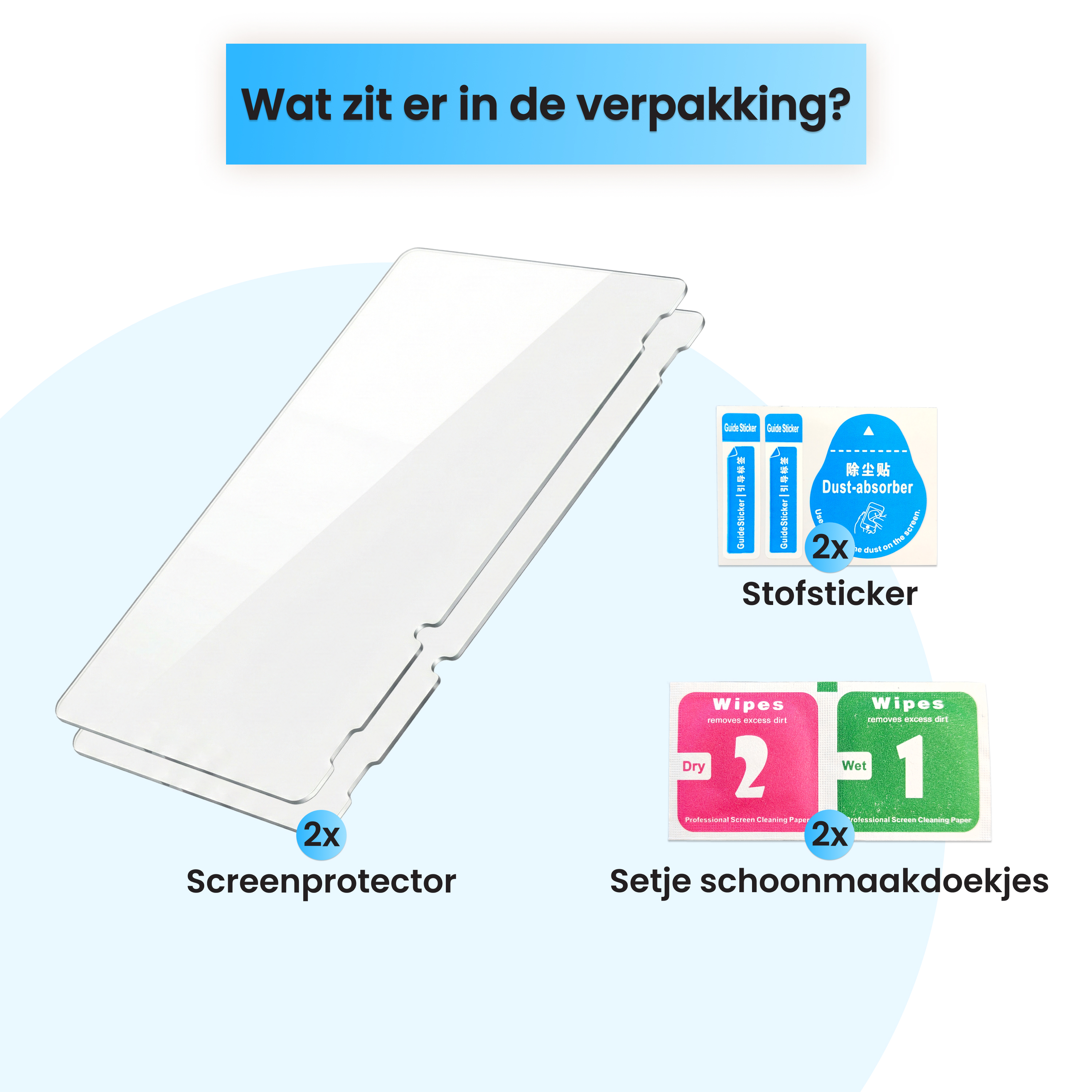 Image shows 2 screen protectors, 2 dust absorbers, and 2 cleaning wipes.
