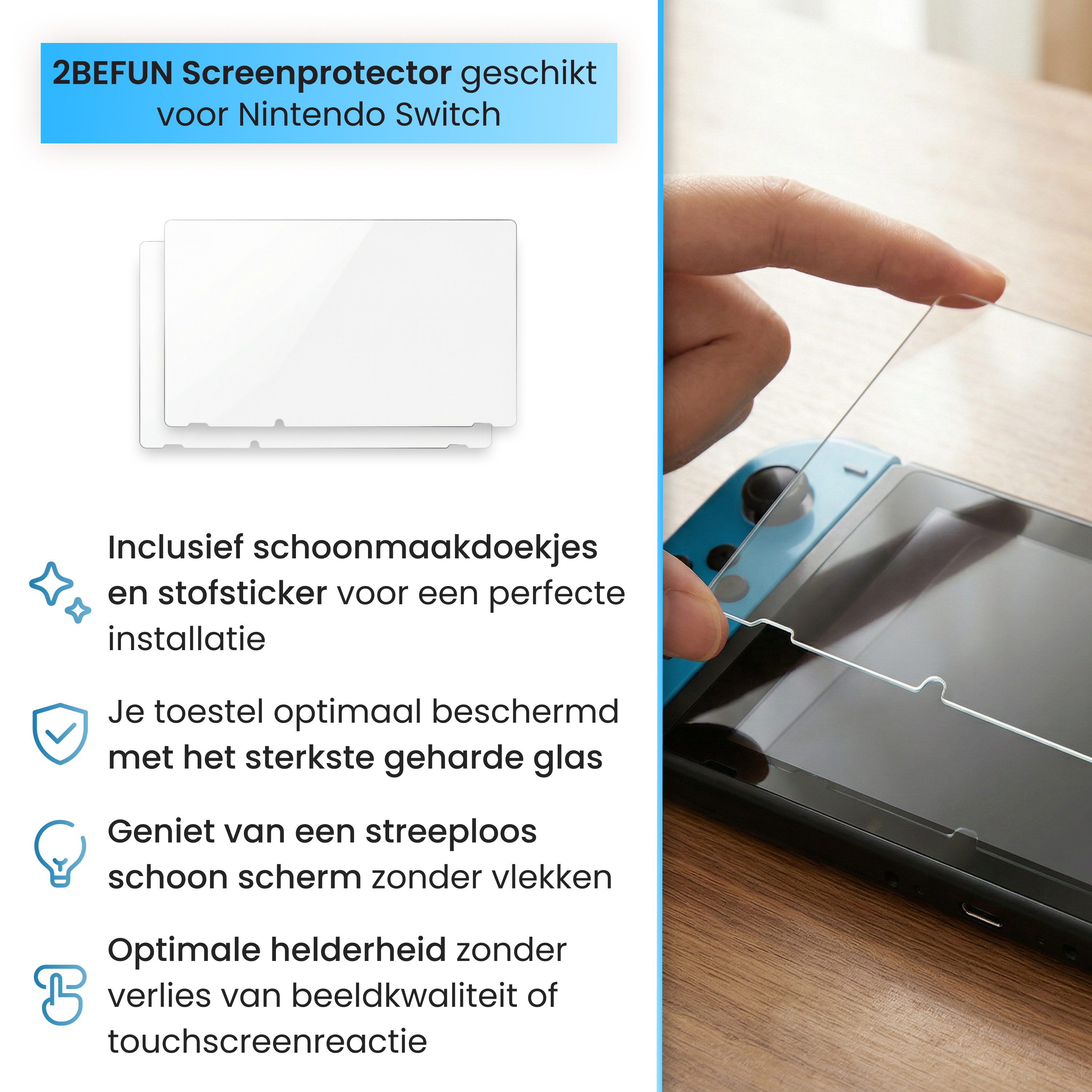 Screen protector for Nintendo Switch being applied by a hand.