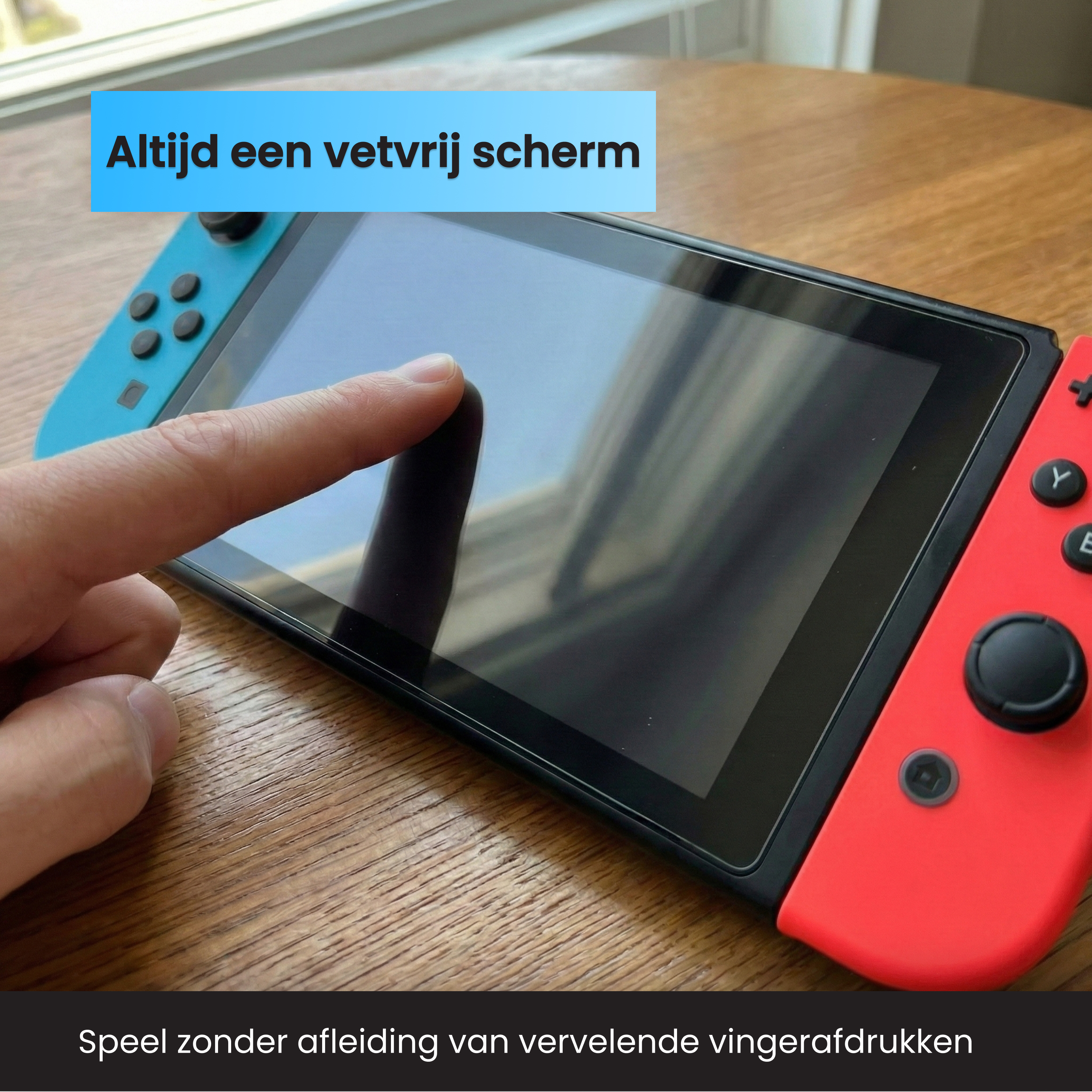 A finger touches the screen of a Nintendo Switch on a wooden table.