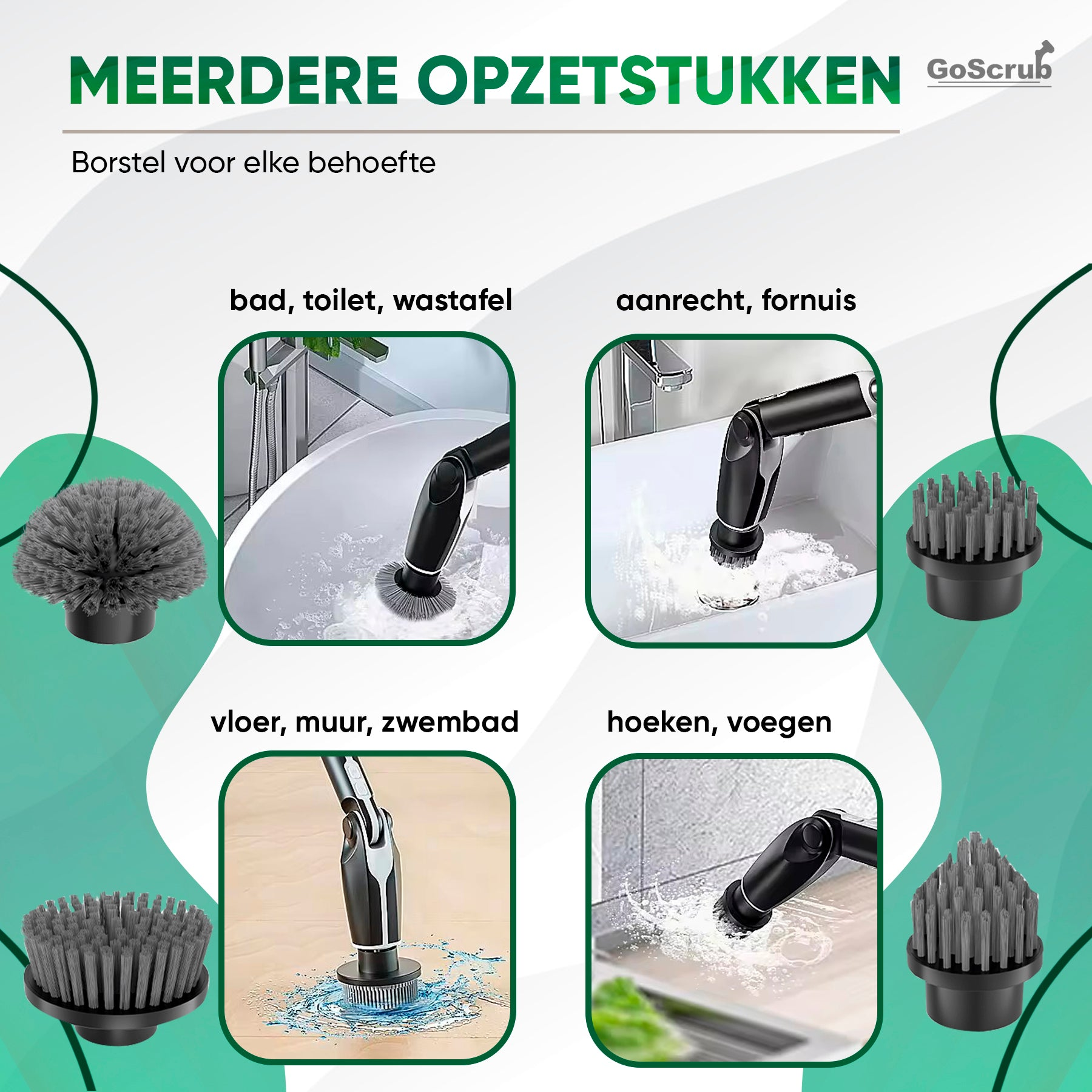 Vier borstelopzetstukken voor diverse reinigingstaken op een collage.