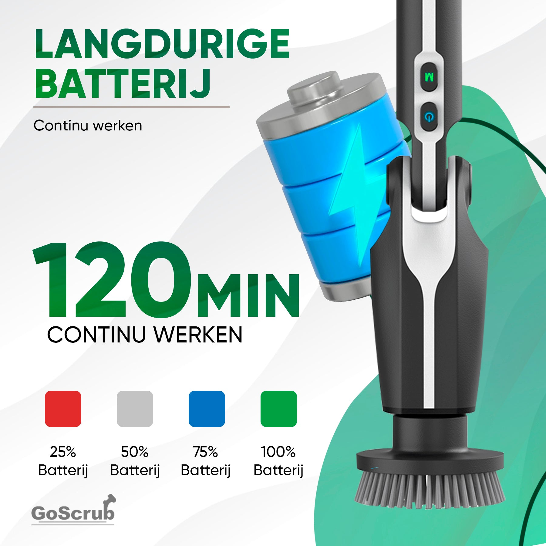 Illustratie van een schoonmaakapparaat met batterij-iconen en 120 min looptijd.