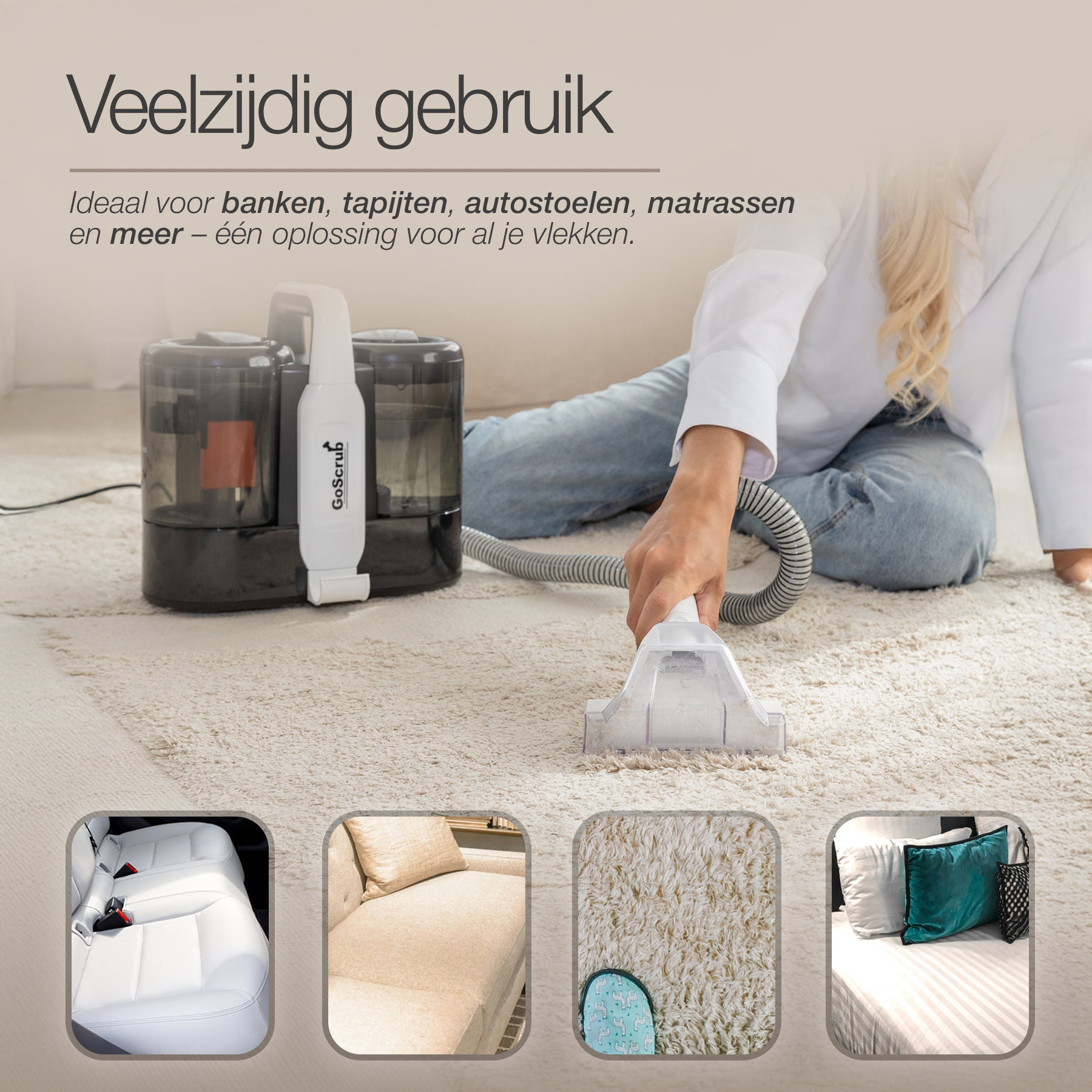 Een persoon gebruikt een draagbare tapijtreiniger op een kleed.