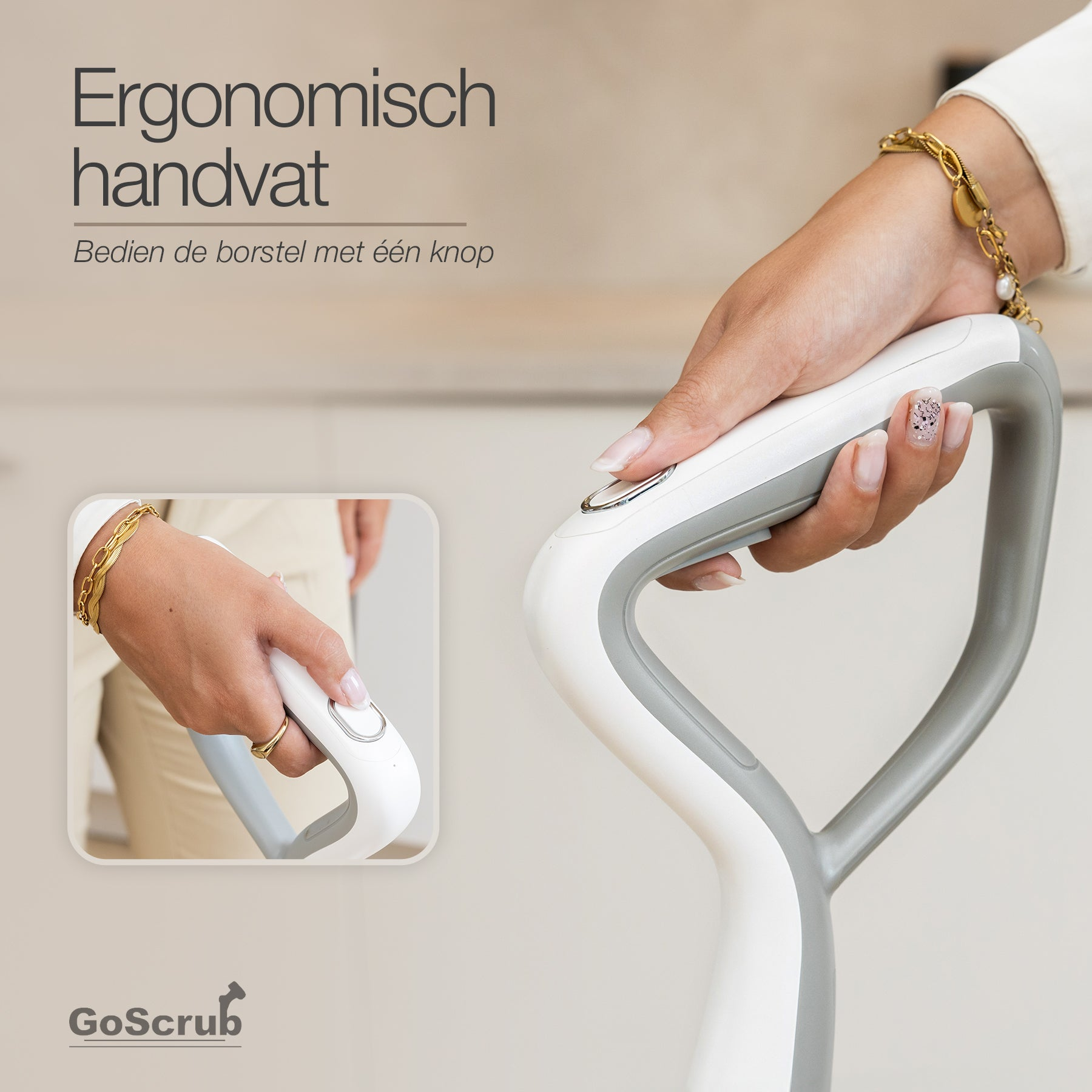 A hand with jewelry uses a white handle with gray accents.