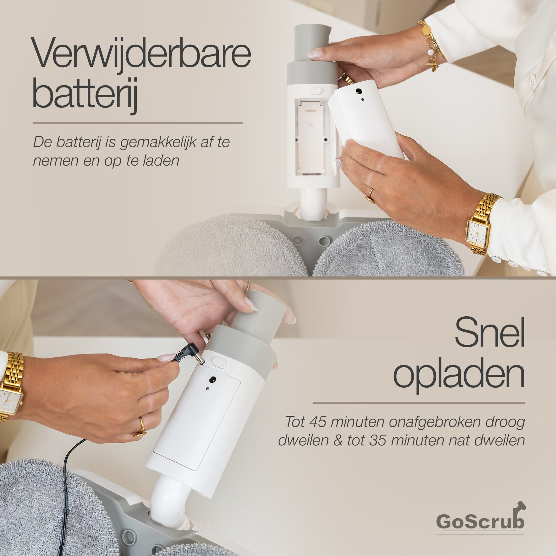 Removable battery: A person removes the battery from a mop.