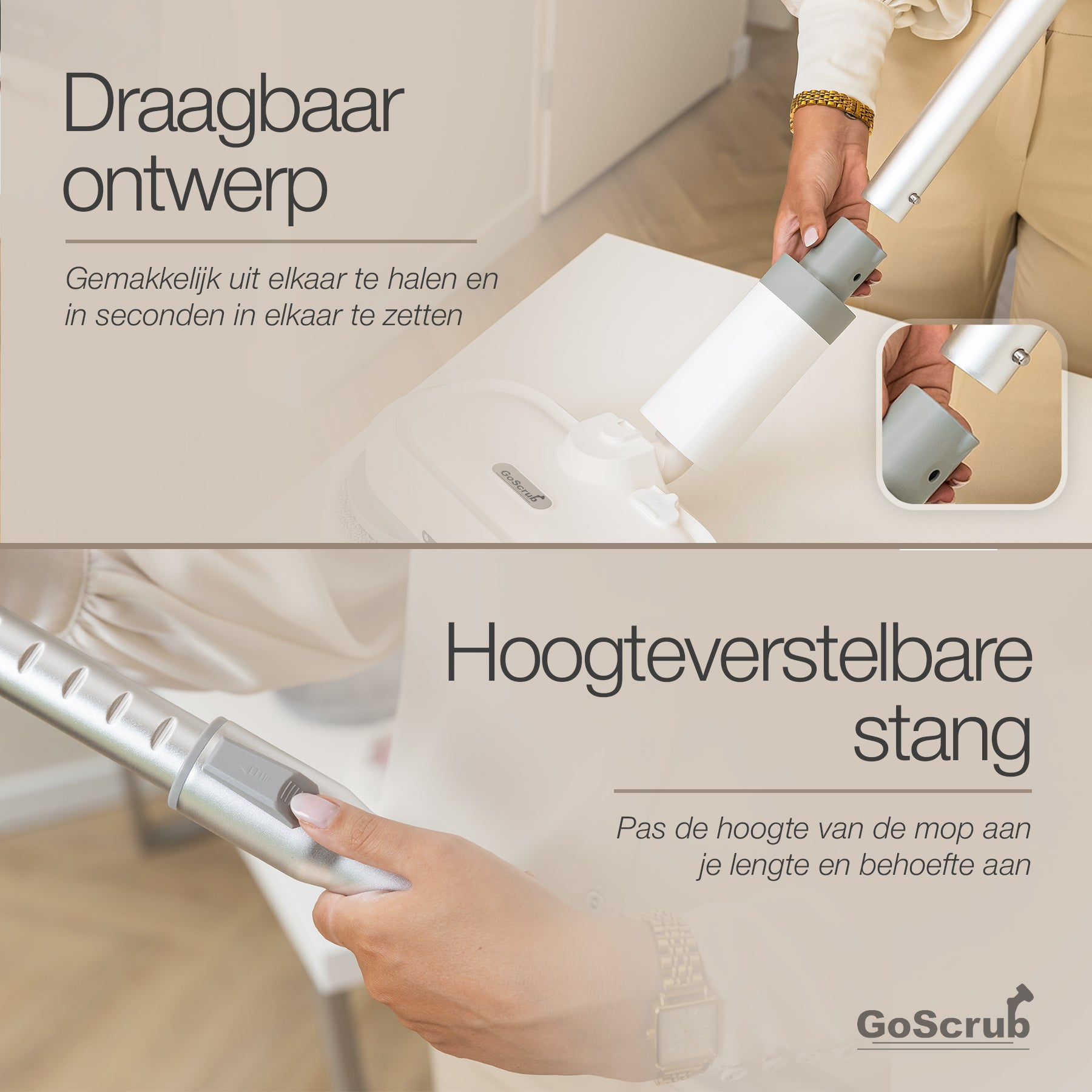 A person assembling a height-adjustable mop handle.