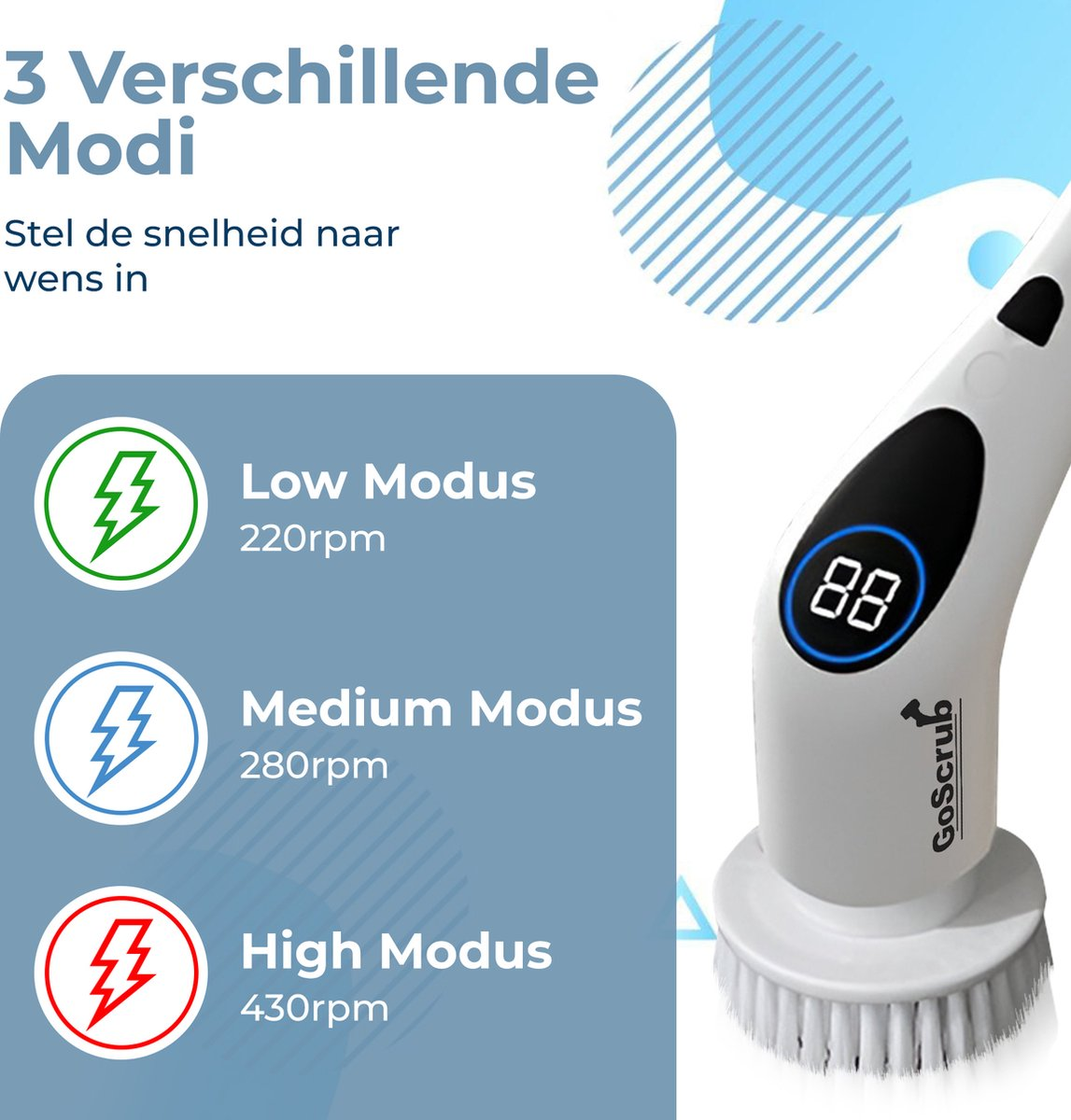 Elektrische borstel met drie standen: Laag (220rpm), Medium (280rpm), Hoog (430rpm).
