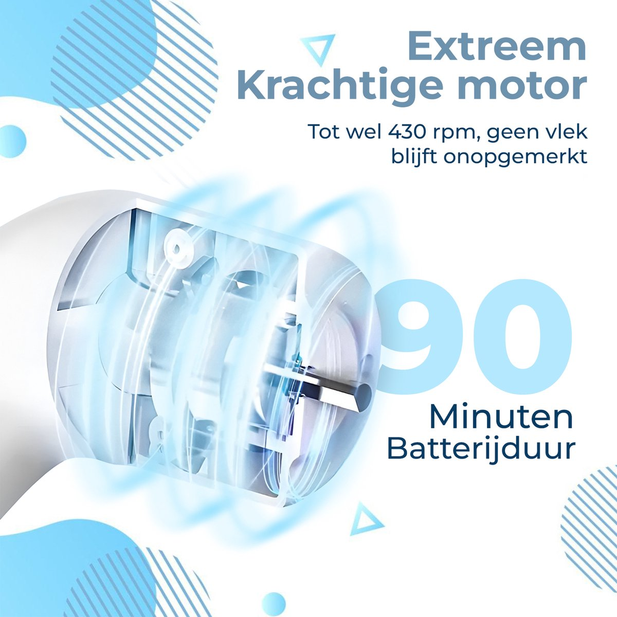 Extreem krachtige motor met 430 rpm en 90 minuten batterijduur.